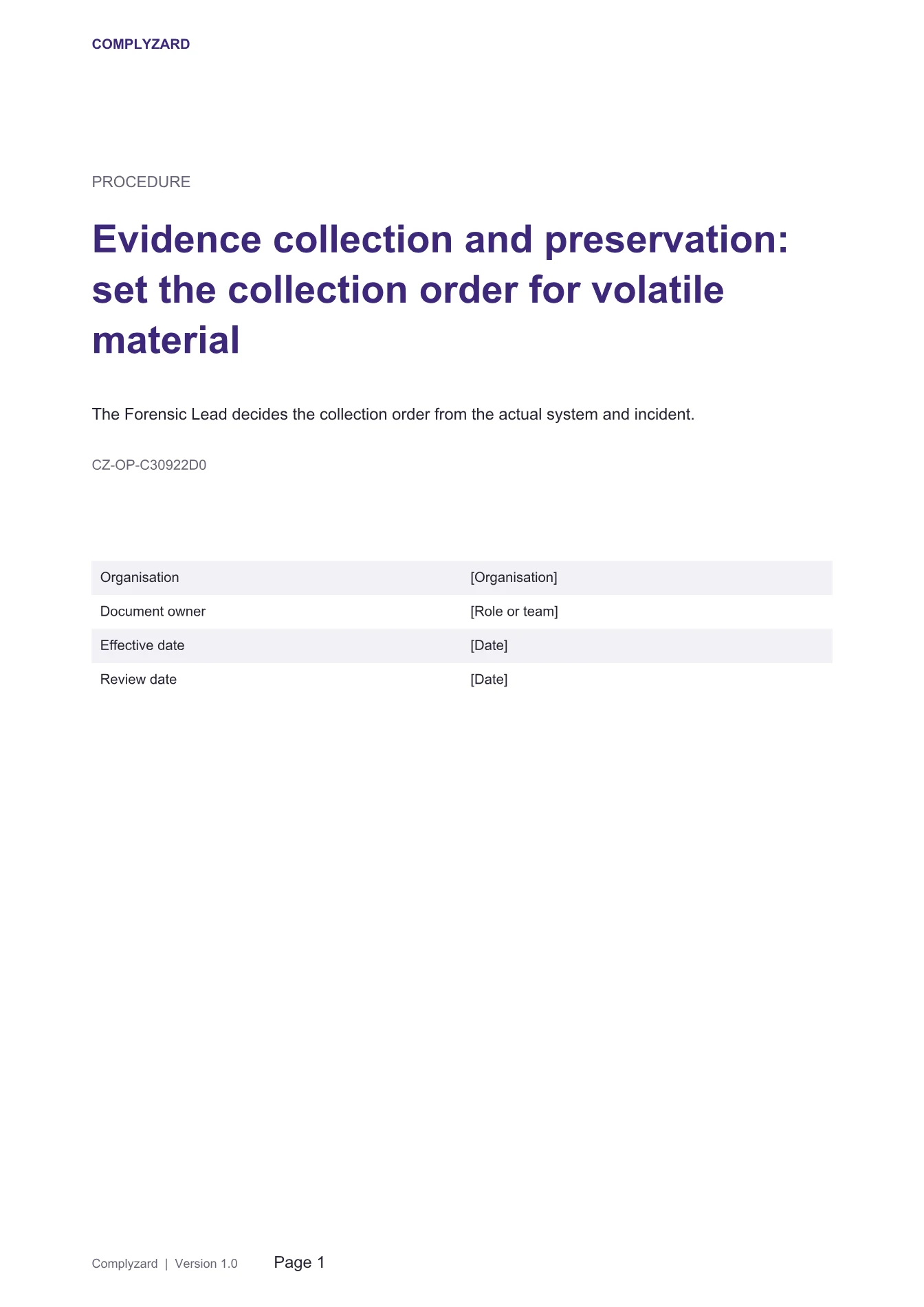 Cover of Evidence collection and preservation: set the collection order for volatile material