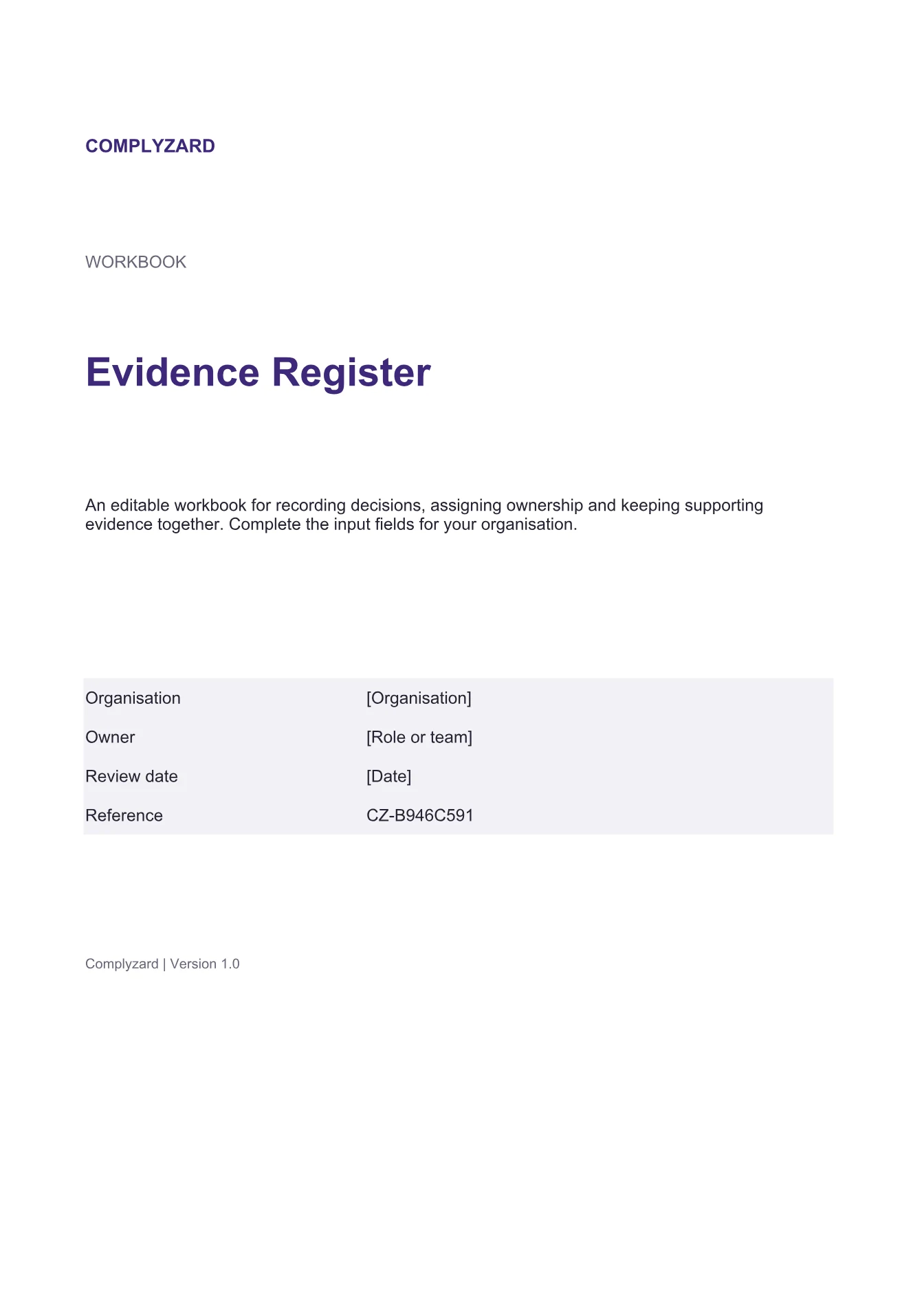 Cover of Evidence Register
