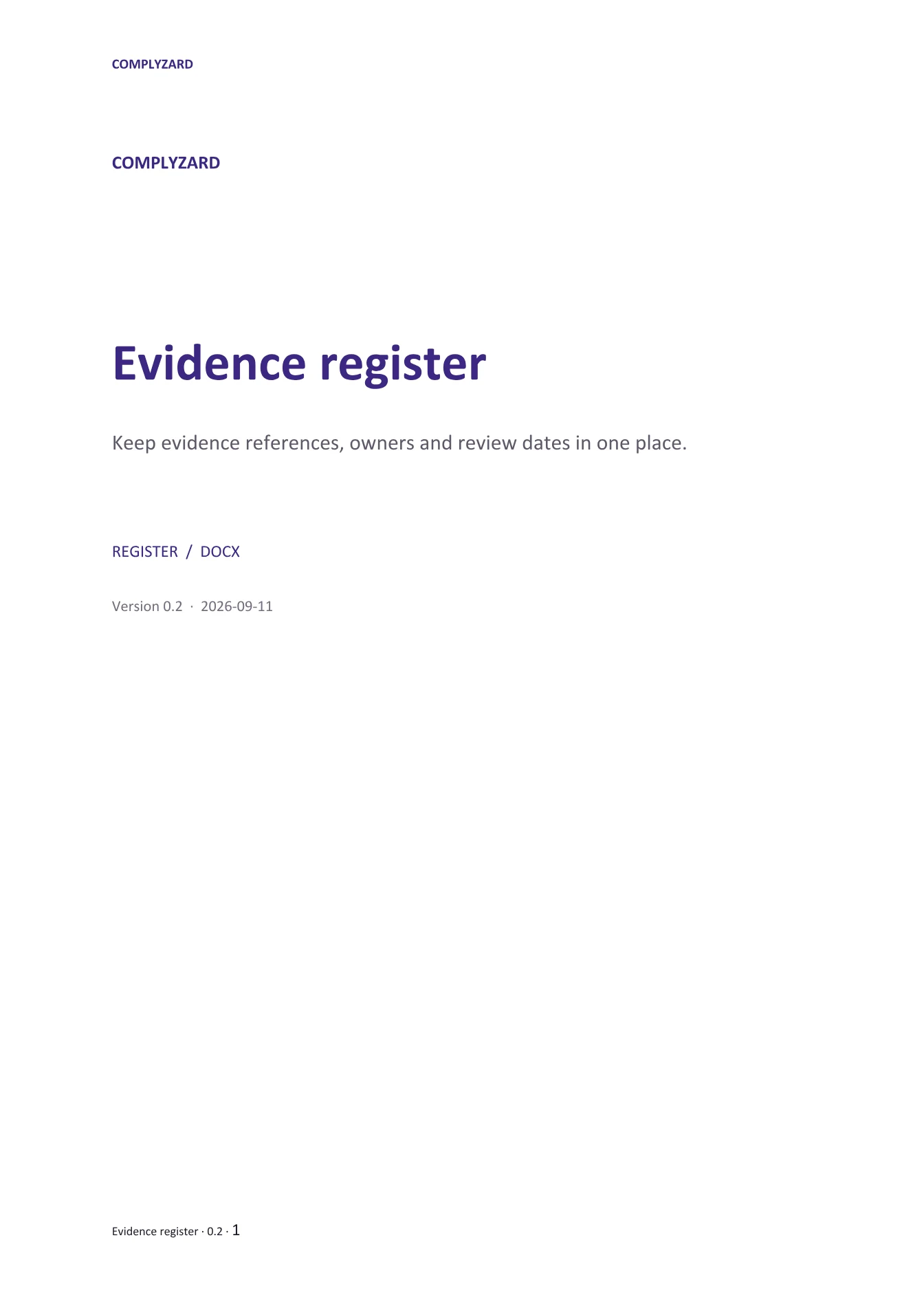 Cover of Evidence register