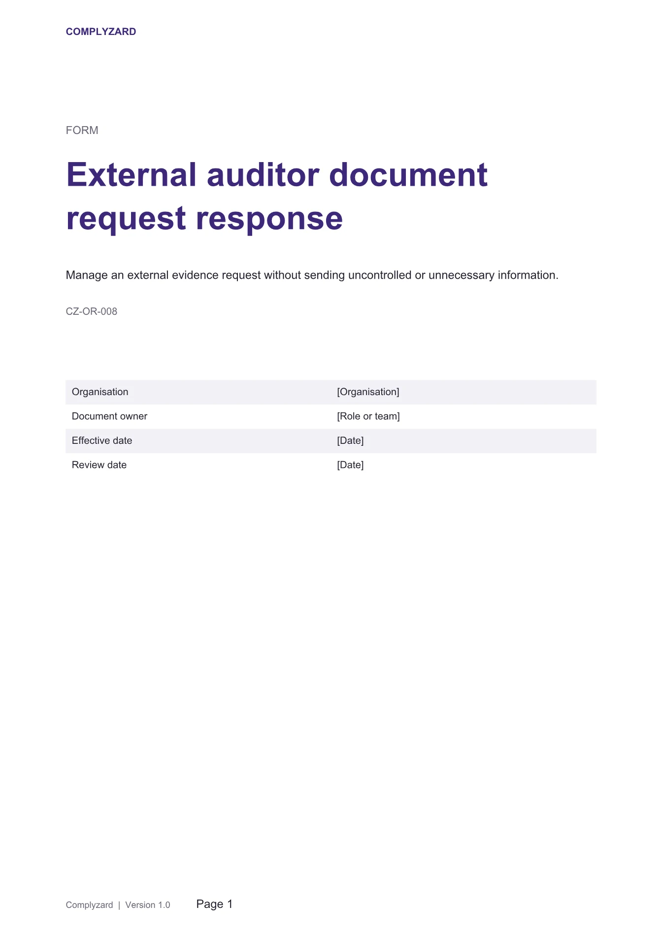 Cover of External auditor document request response