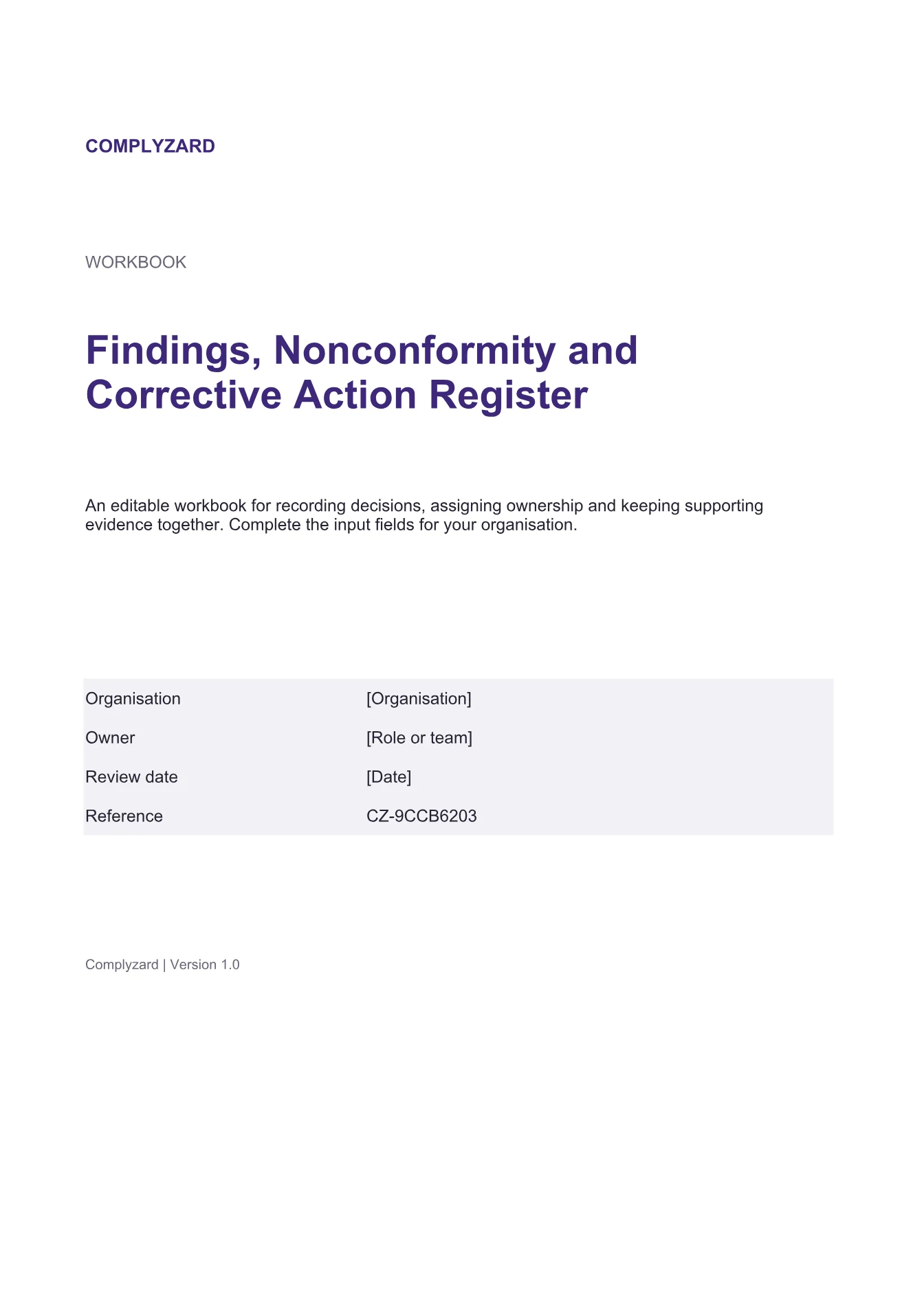 Cover of Findings, Nonconformity and Corrective Action Register