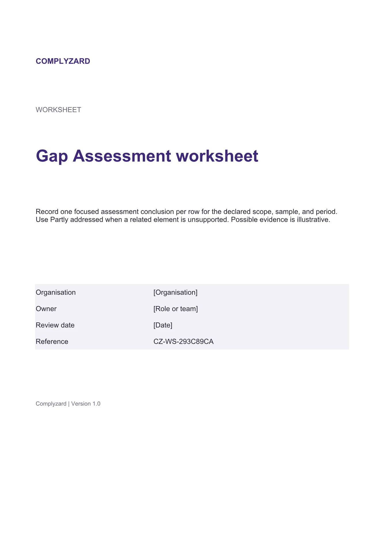Cover of Gap Assessment worksheet