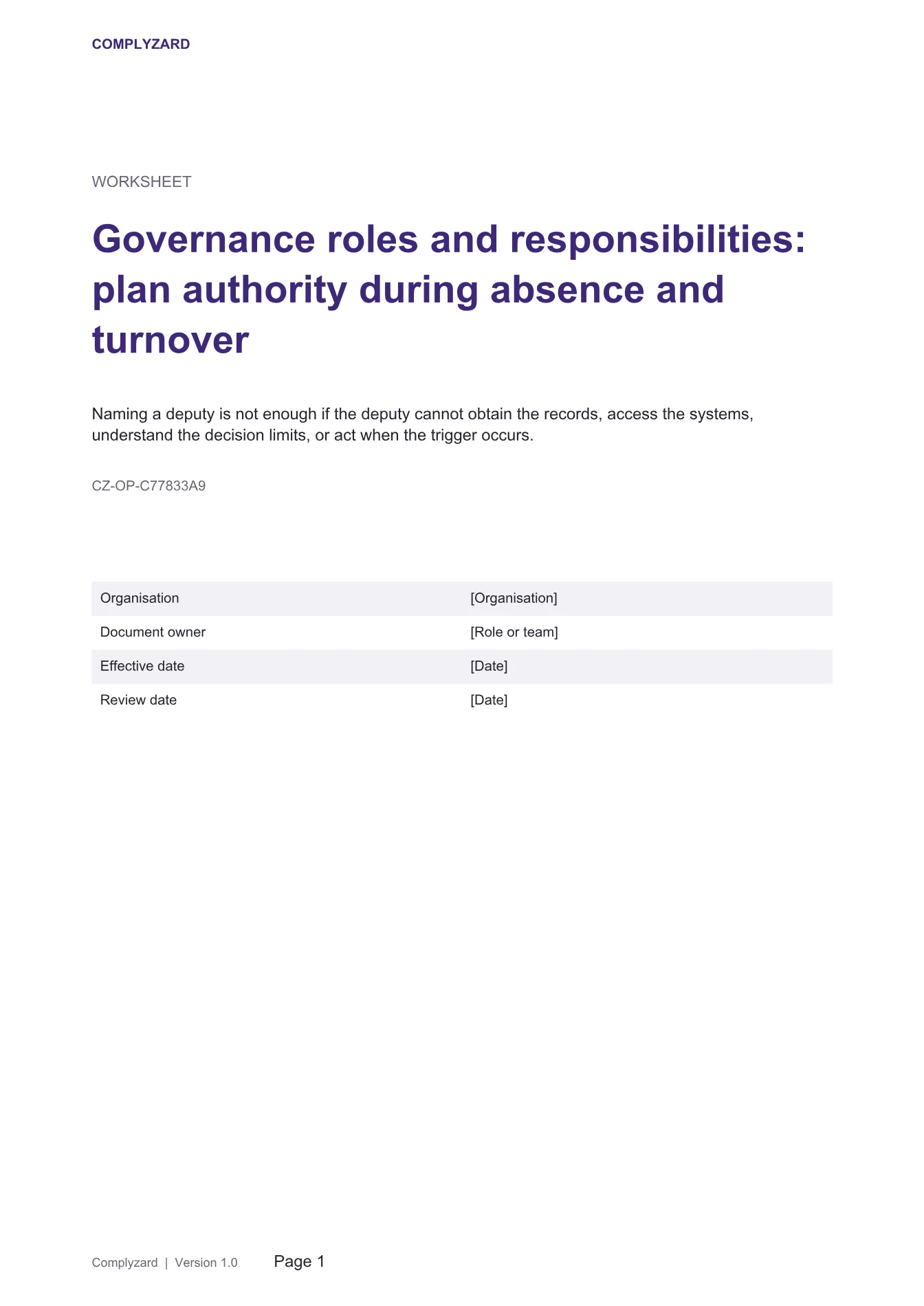 Cover of Governance roles and responsibilities: plan authority during absence and turnover