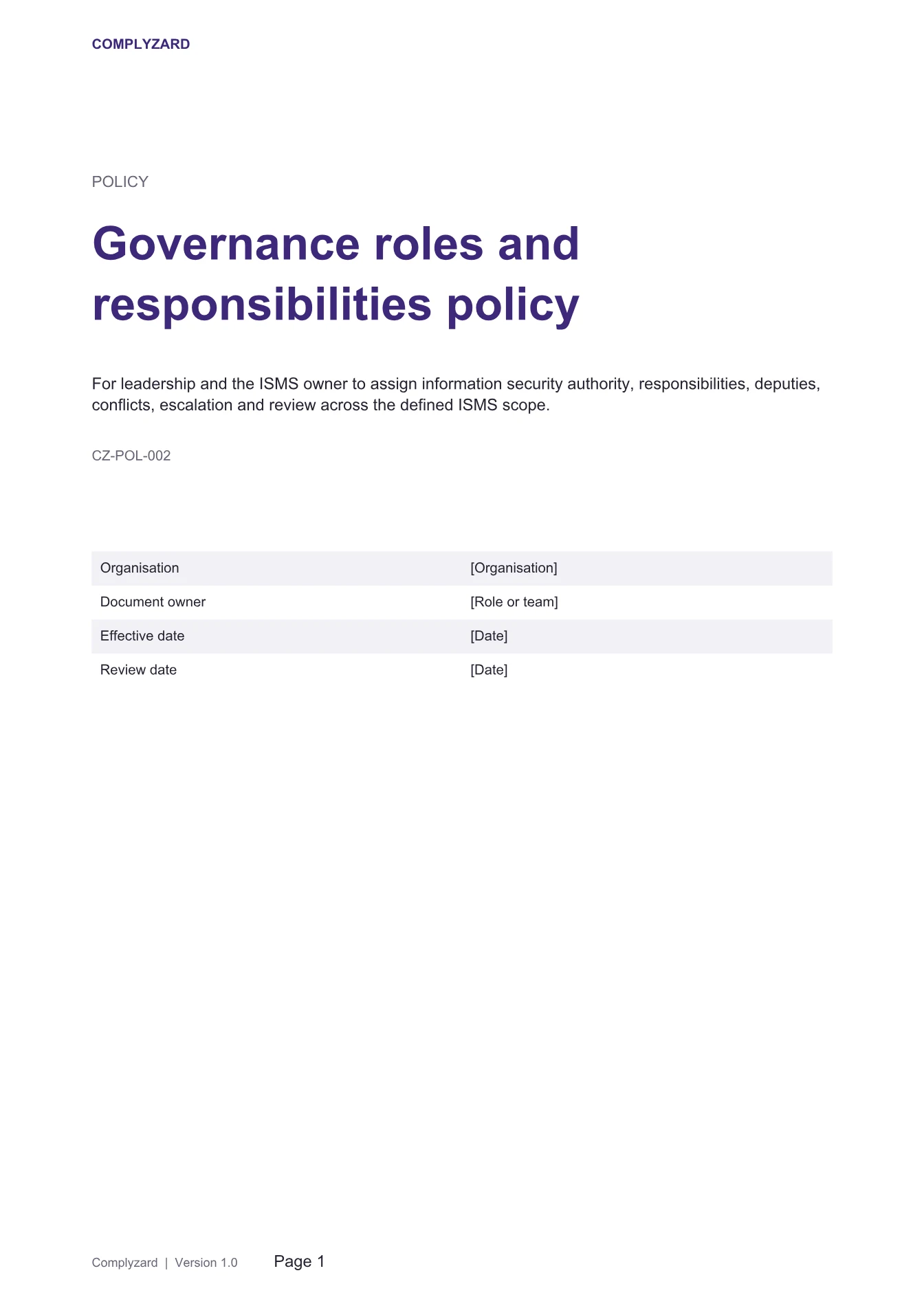 Cover of Governance roles and responsibilities policy