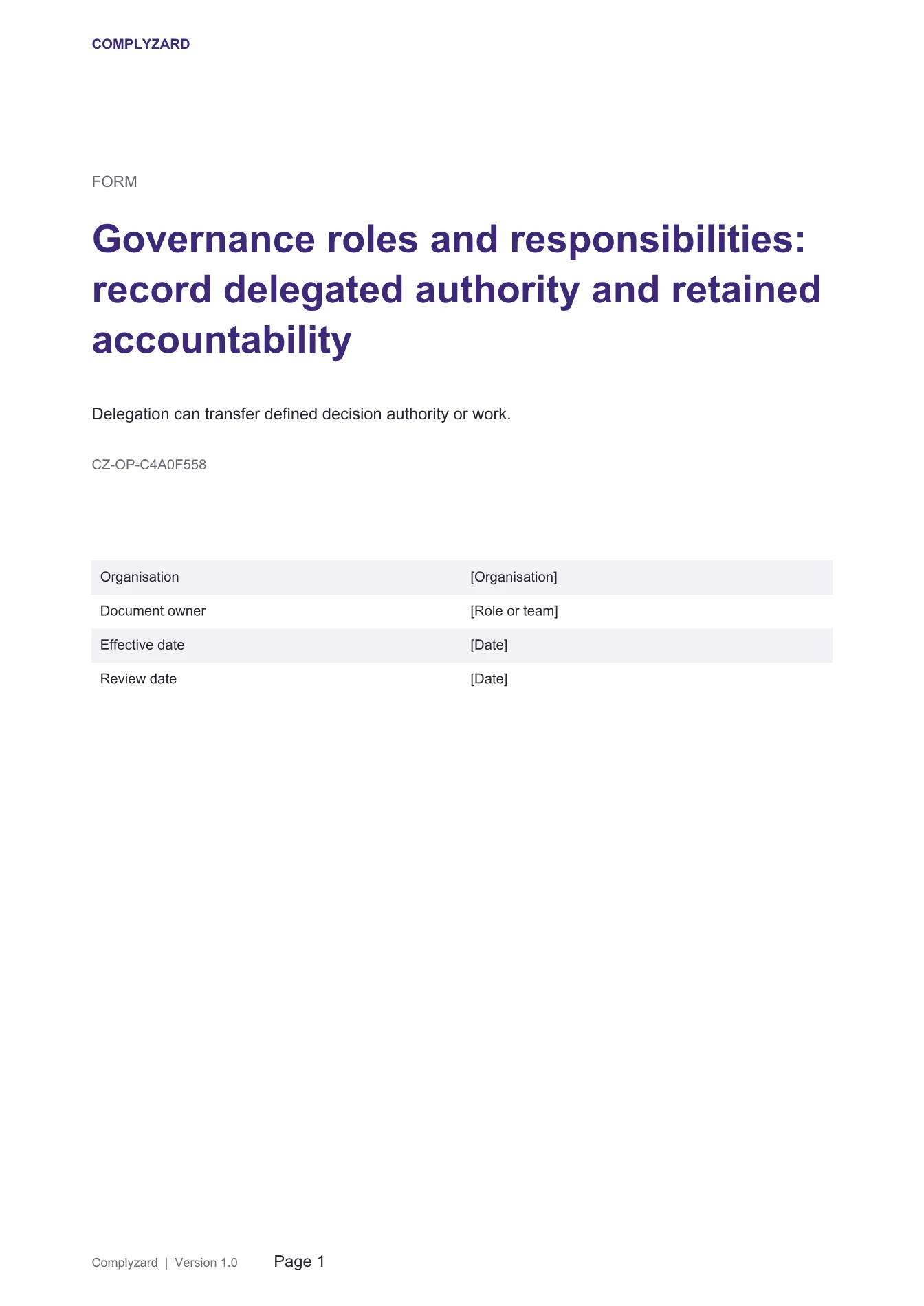 Cover of Governance roles and responsibilities: record delegated authority and retained accountability