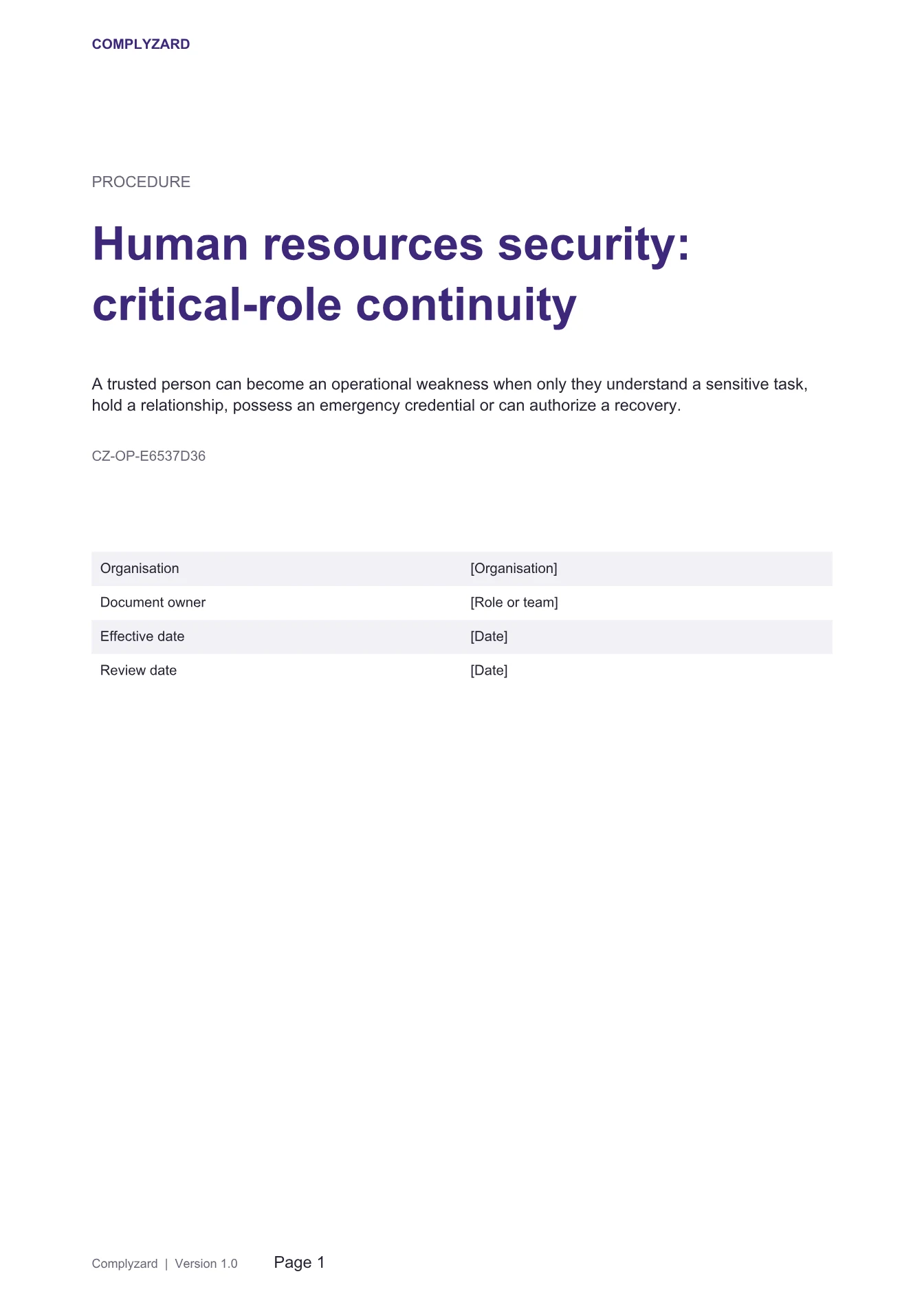 Cover of Human resources security: critical-role continuity