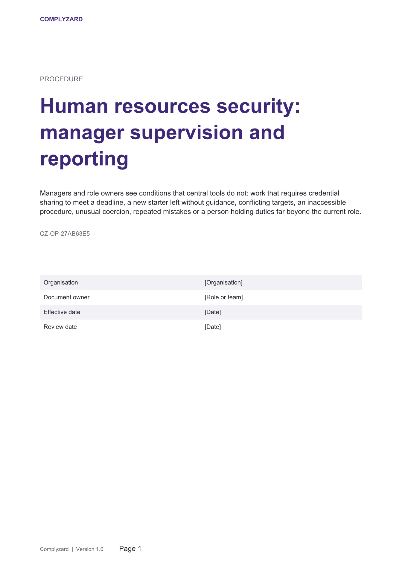 Cover of Human resources security: manager supervision and reporting
