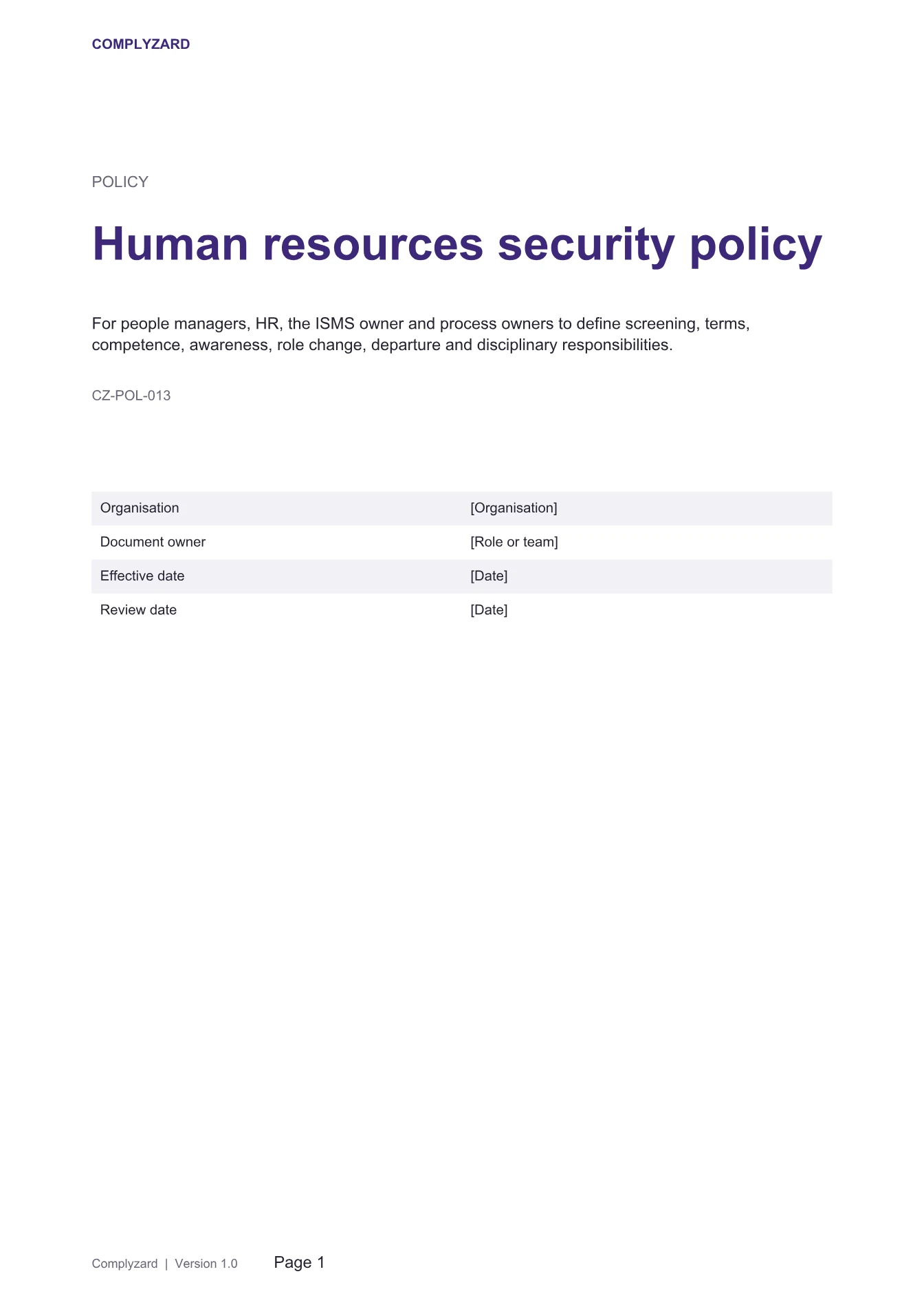 Cover of Human resources security policy