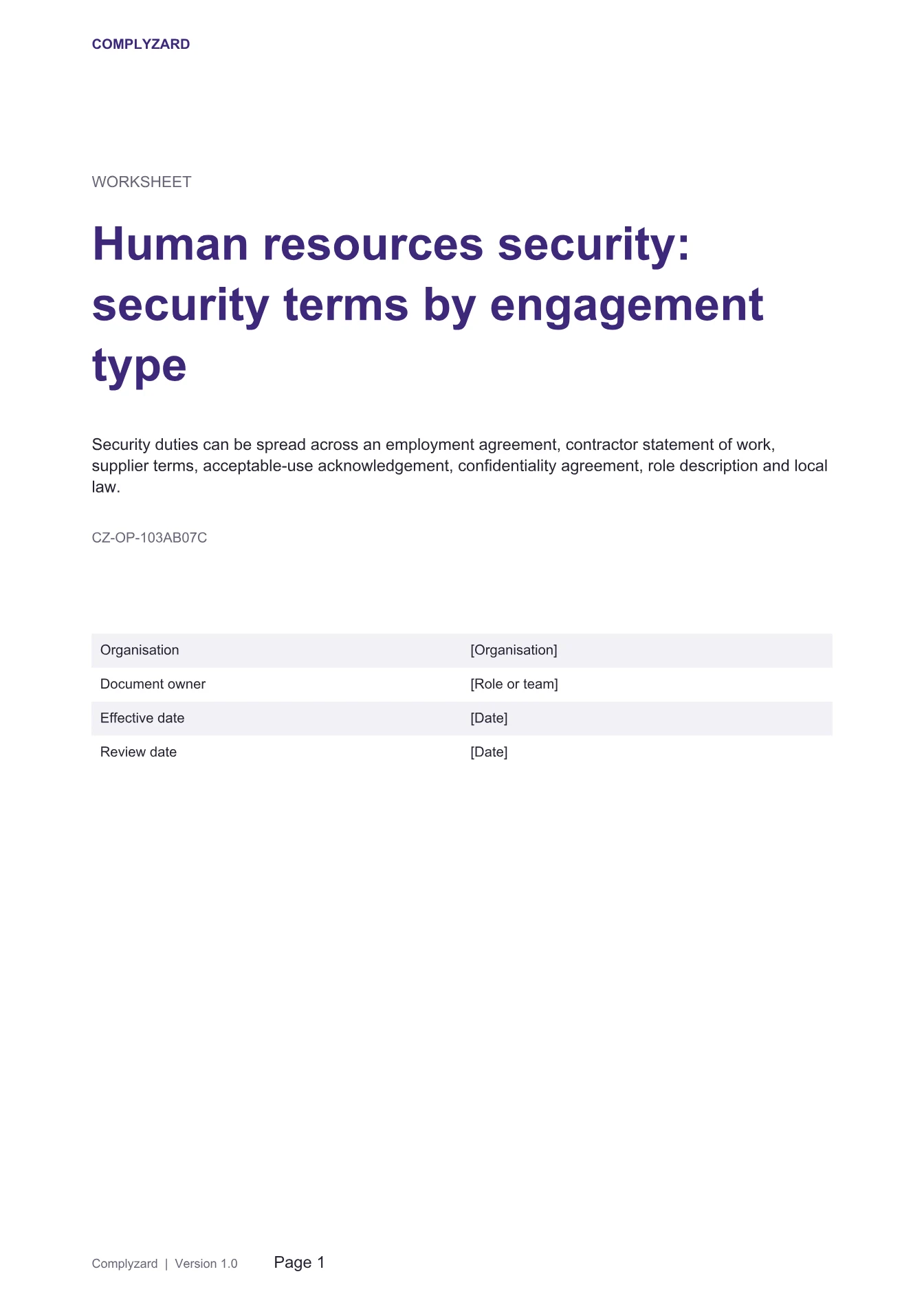 Cover of Human resources security: security terms by engagement type
