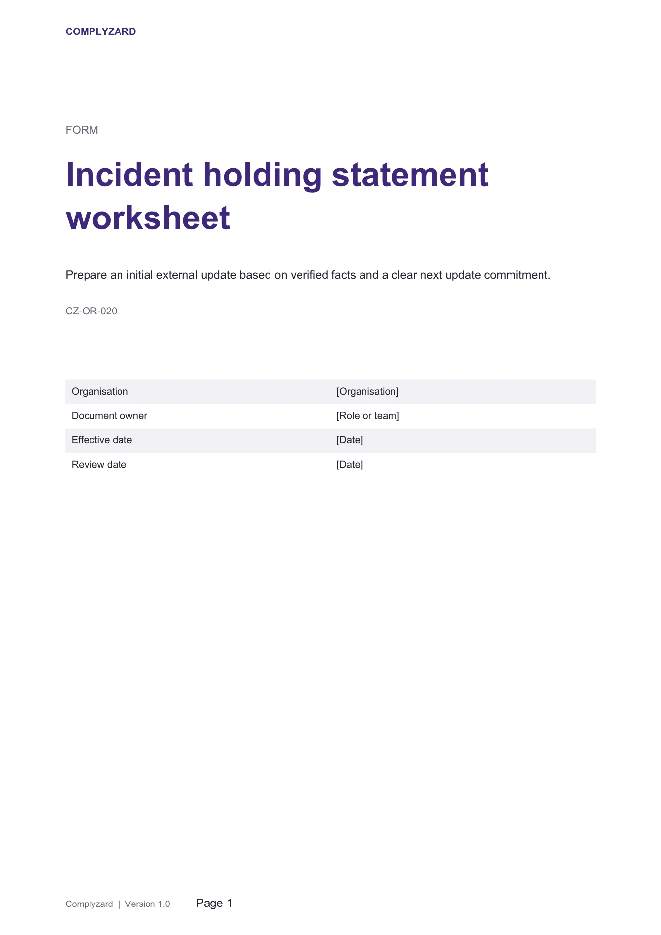 Cover of Incident holding statement worksheet