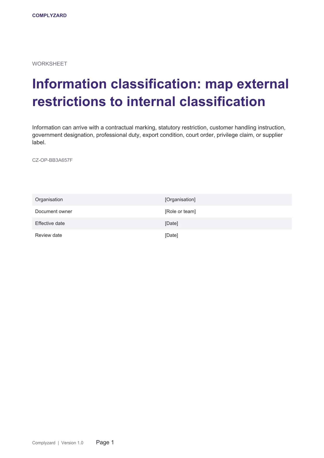 Cover of Information classification: map external restrictions to internal classification