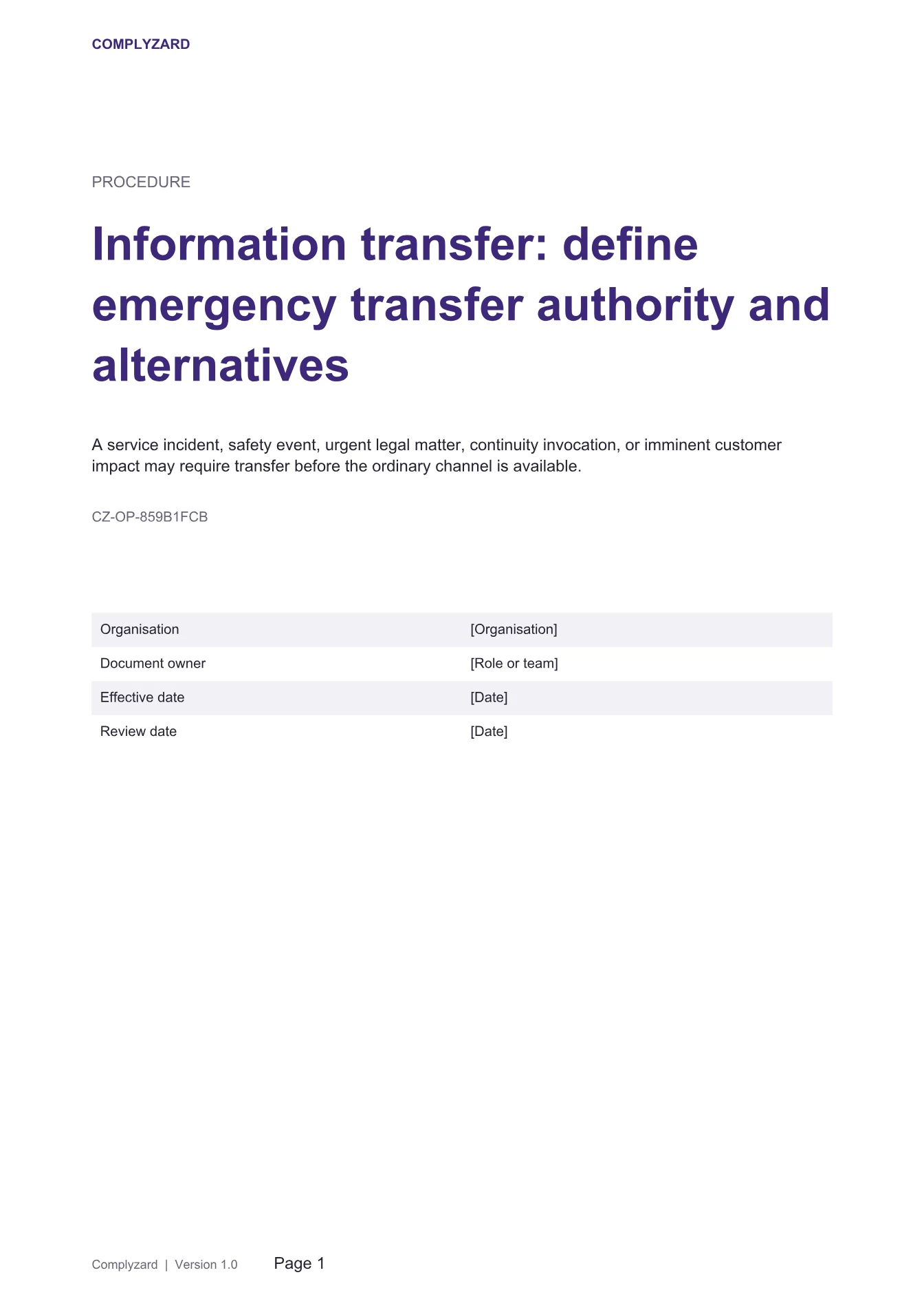 Cover of Information transfer: define emergency transfer authority and alternatives
