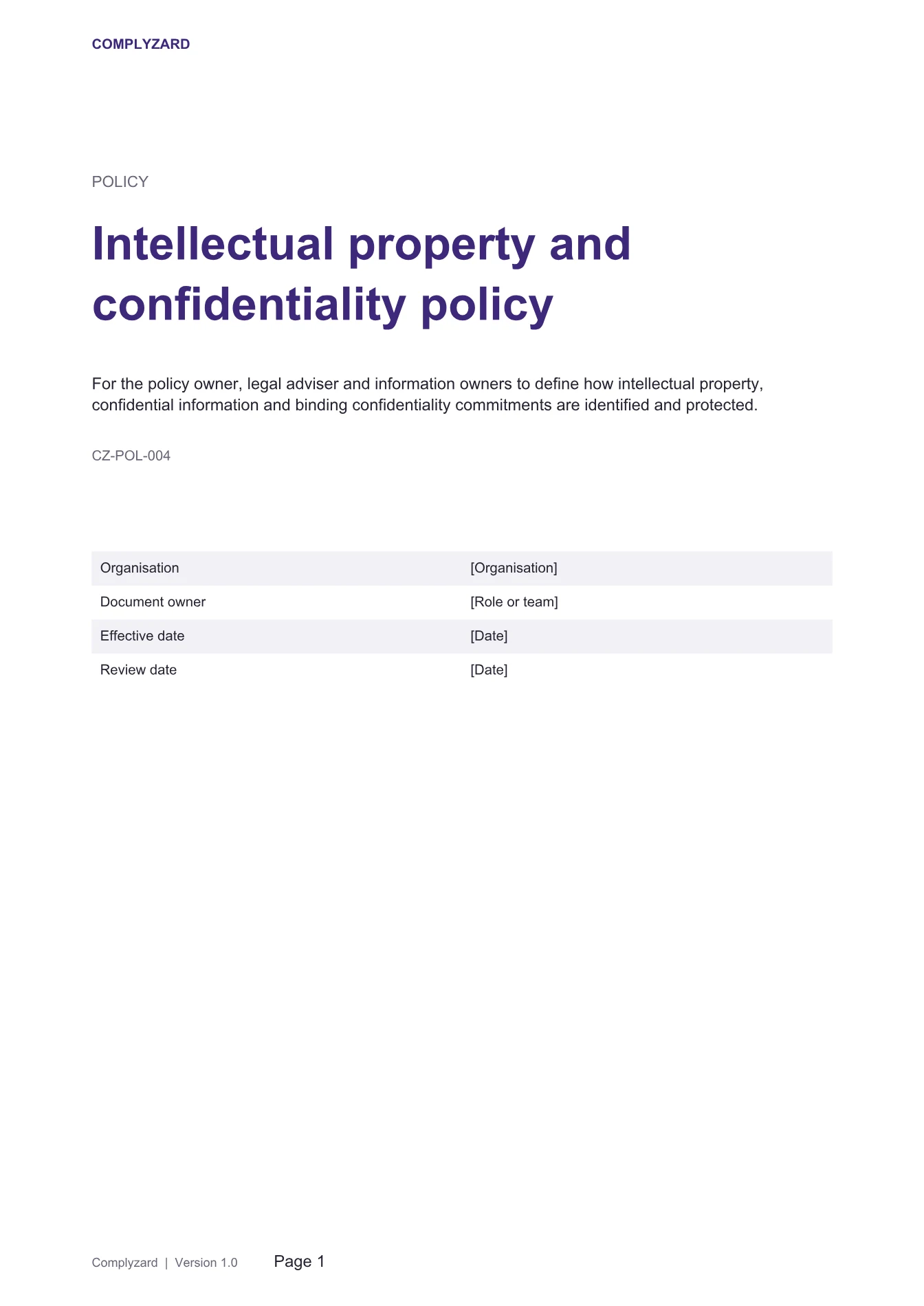 Cover of Intellectual property and confidentiality policy