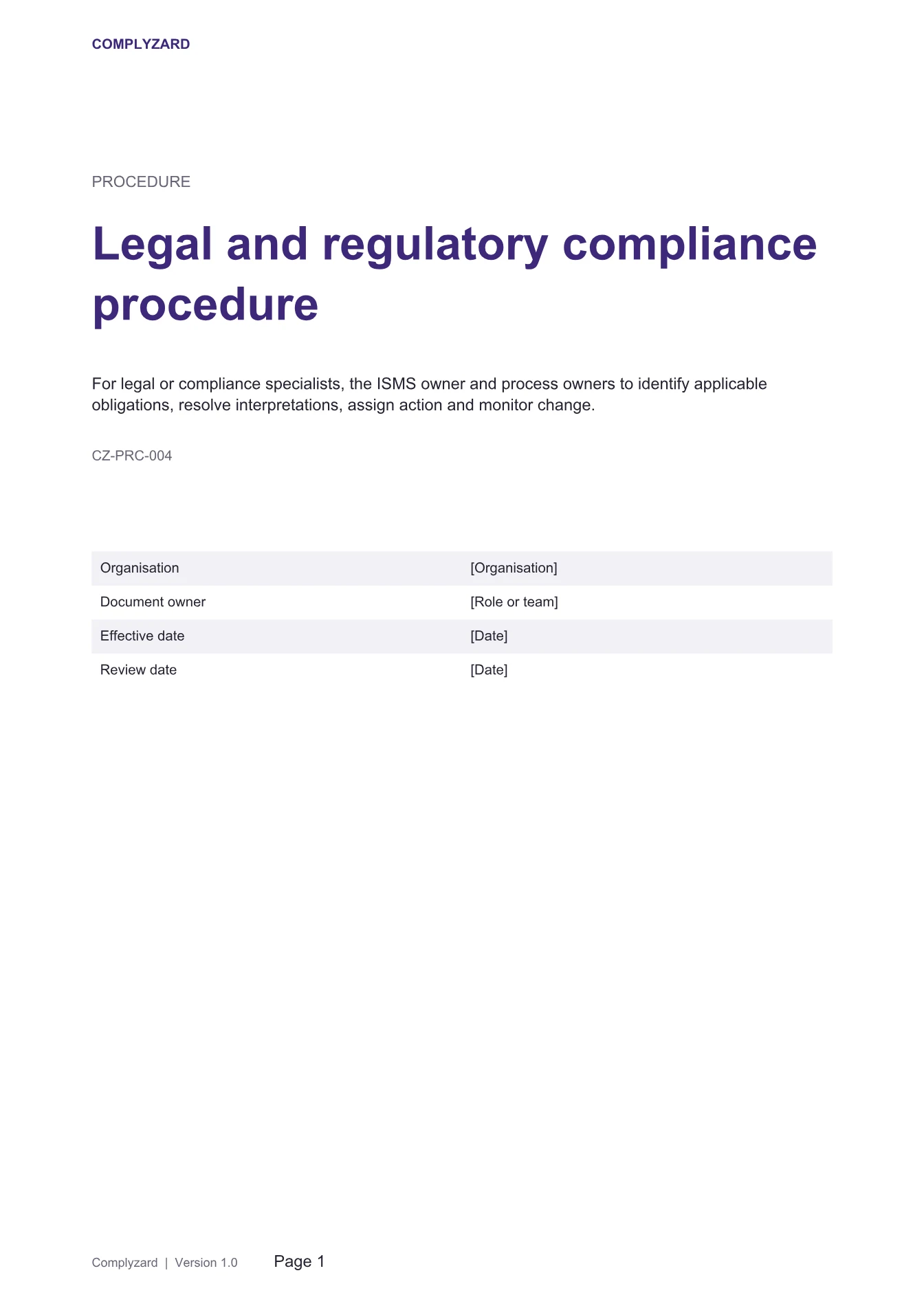 Cover of Legal and regulatory compliance procedure
