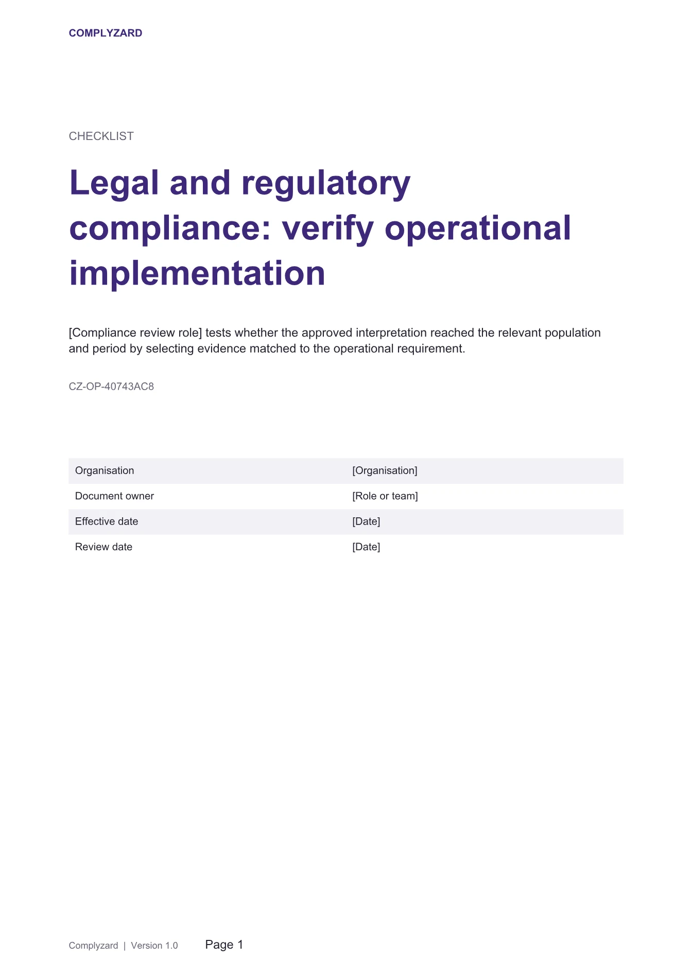 Cover of Legal and regulatory compliance: verify operational implementation