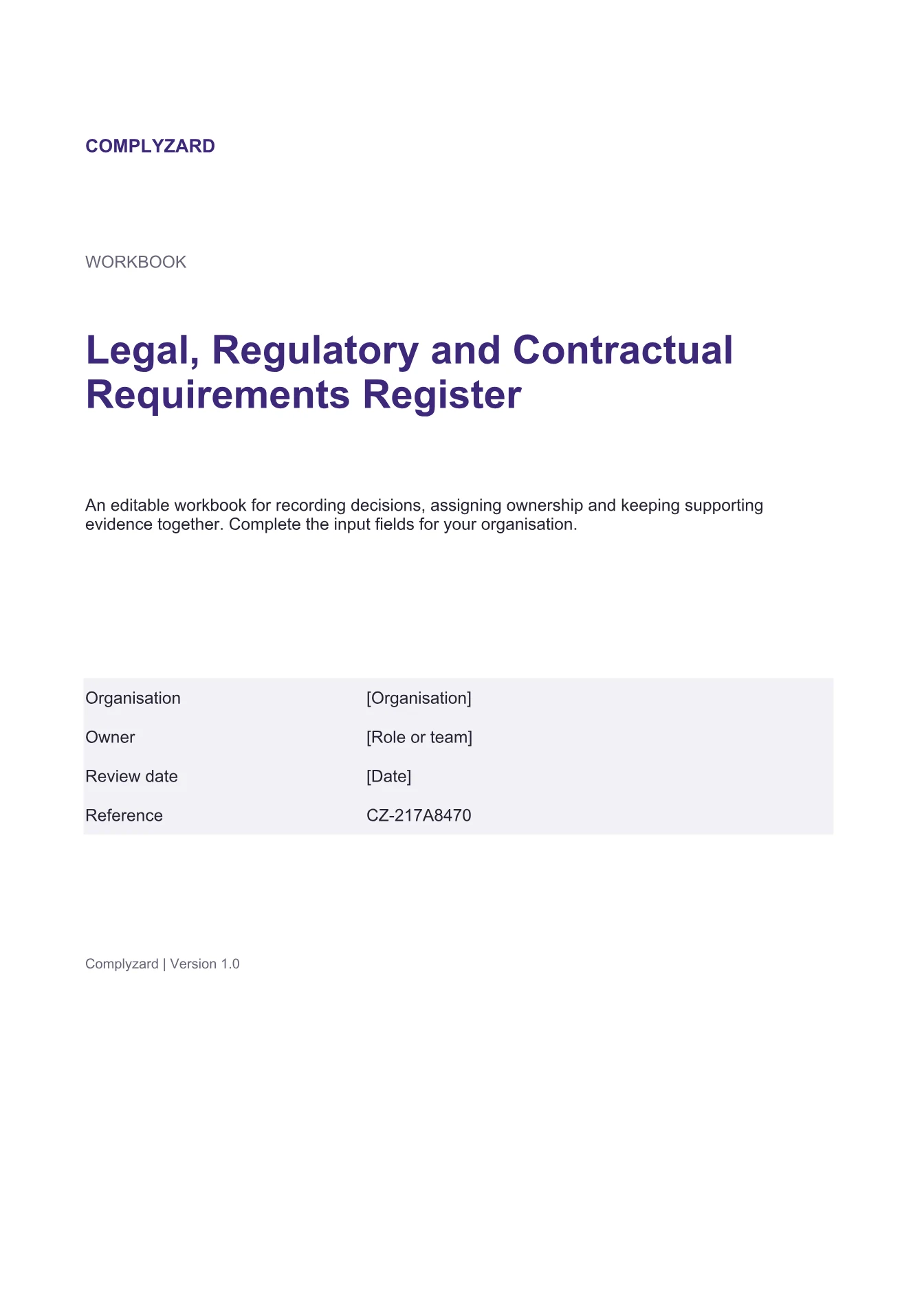 Cover of Legal, Regulatory and Contractual Requirements Register