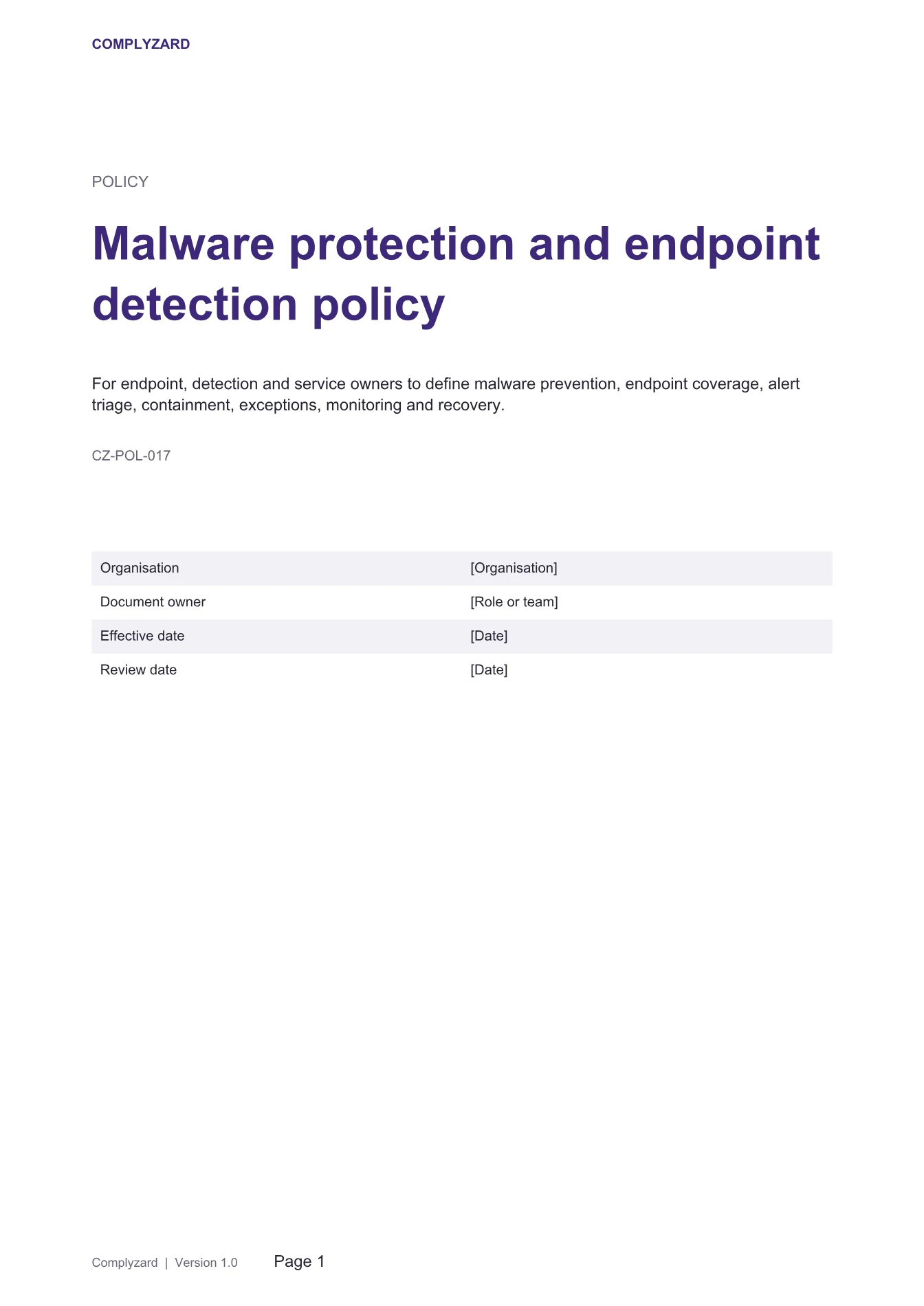 Cover of Malware protection and endpoint detection policy
