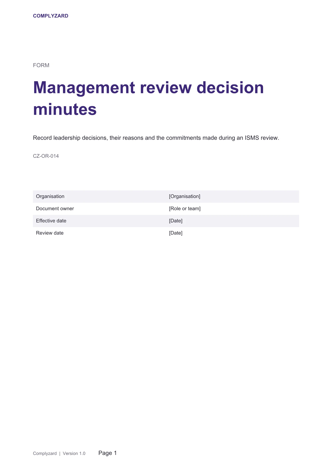 Cover of Management review decision minutes