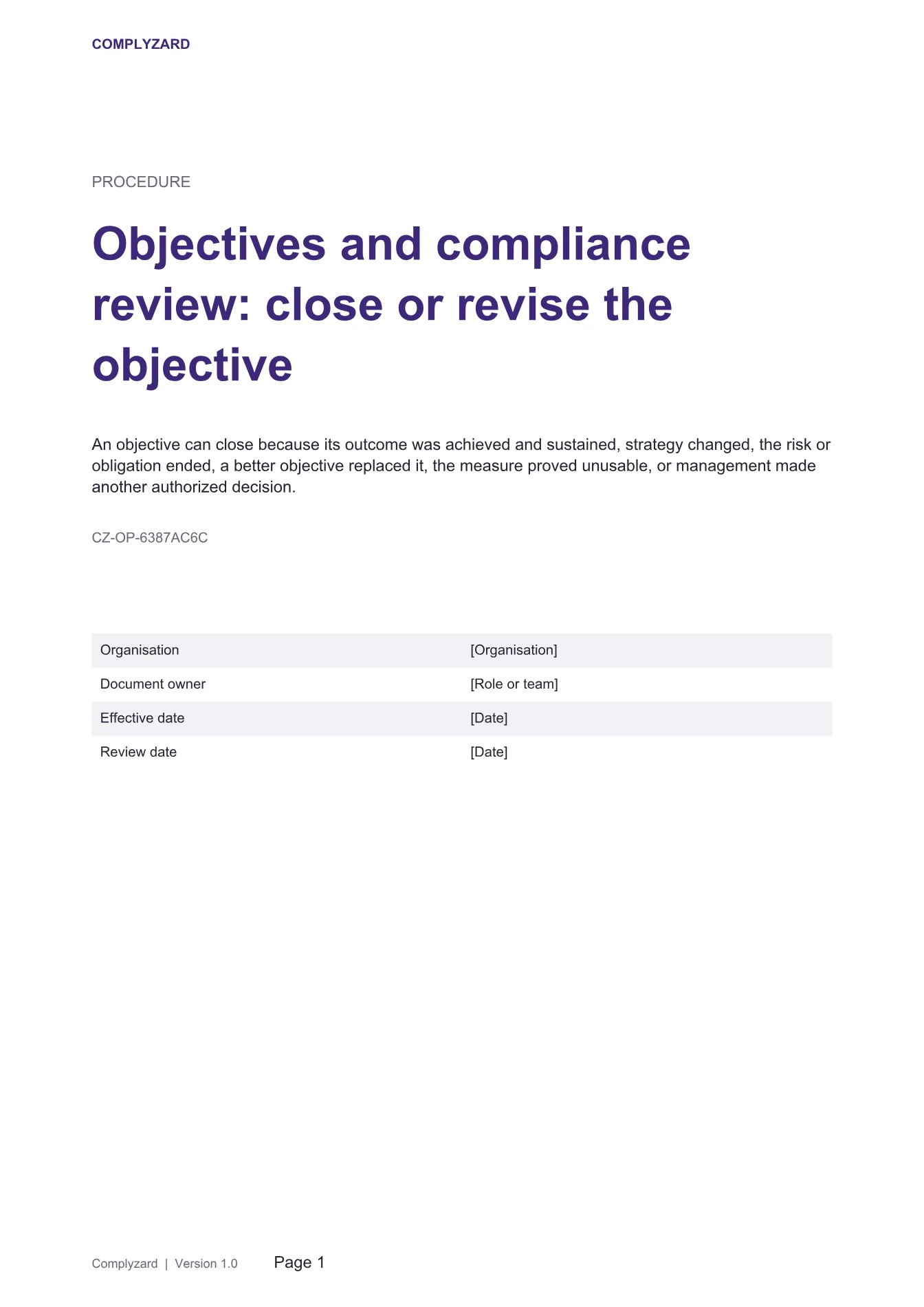 Cover of Objectives and compliance review: close or revise the objective