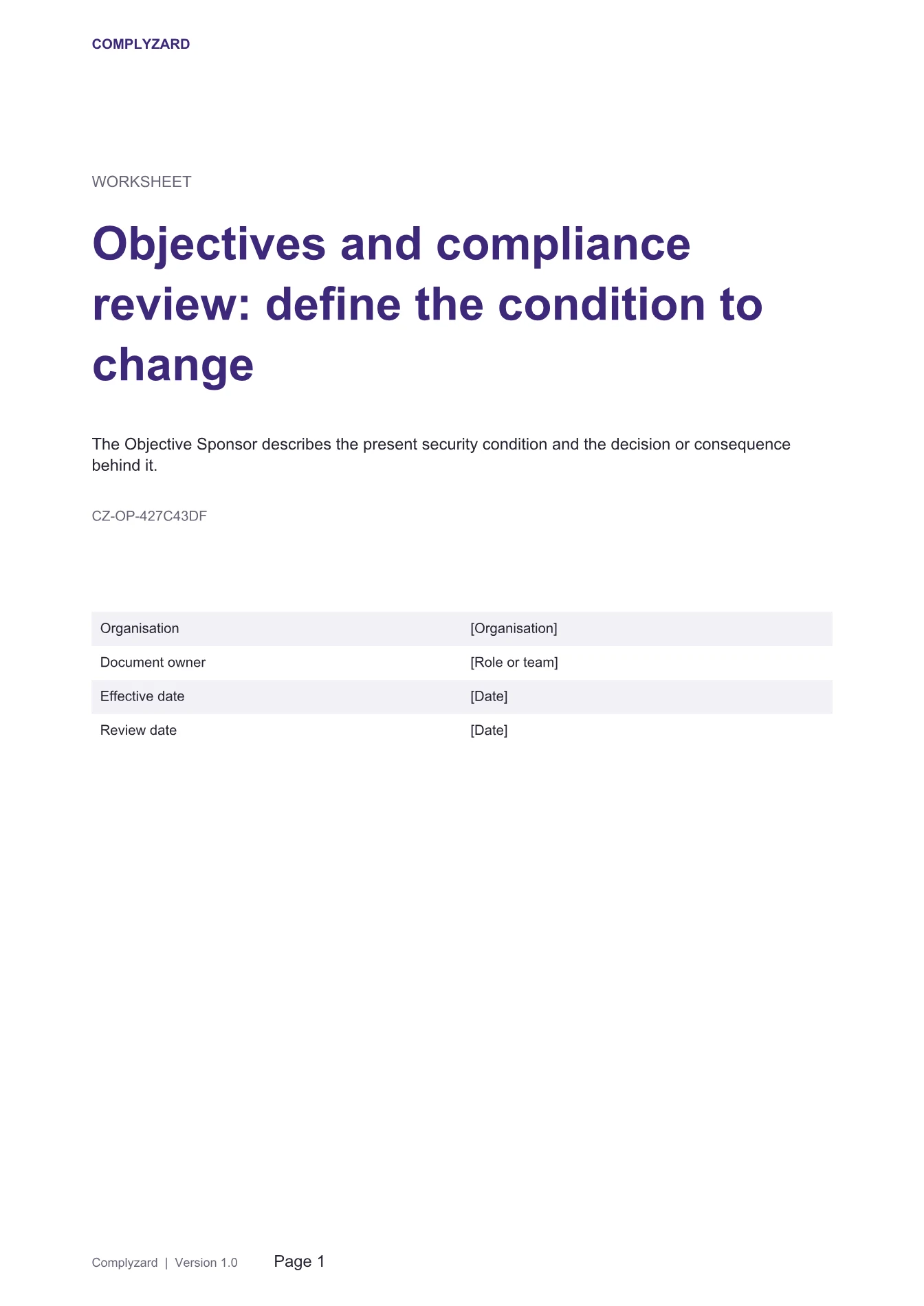 Cover of Objectives and compliance review: define the condition to change