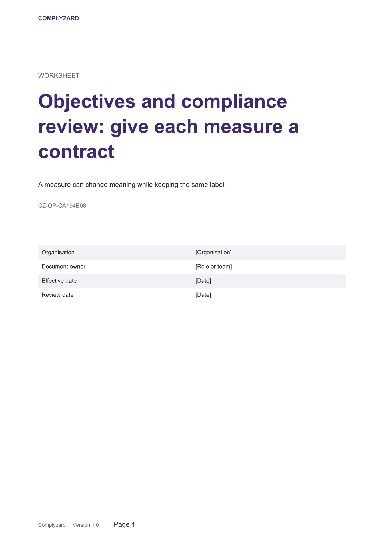 Cover of Objectives and compliance review: give each measure a contract