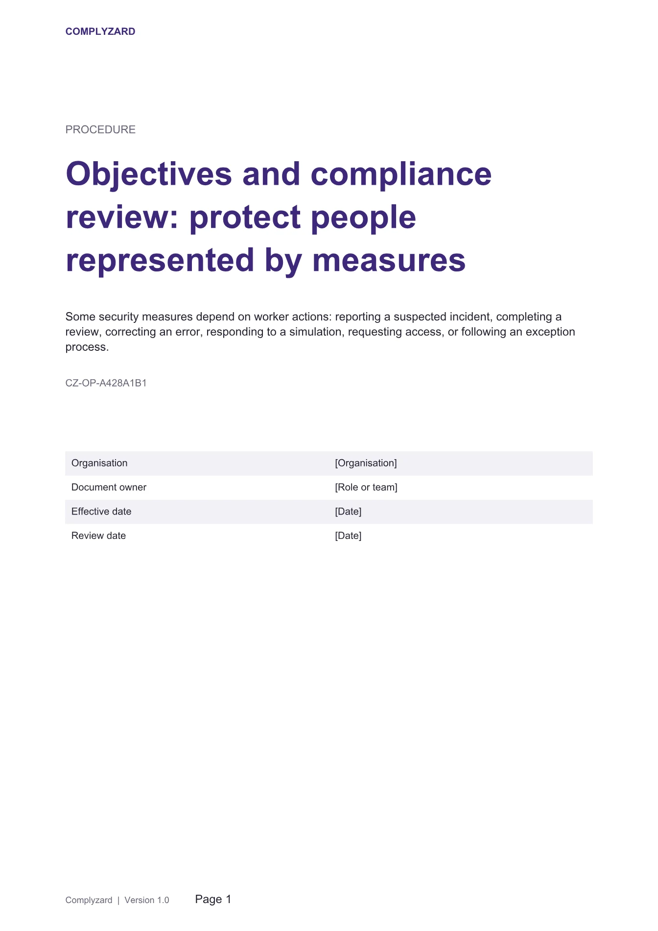 Cover of Objectives and compliance review: protect people represented by measures
