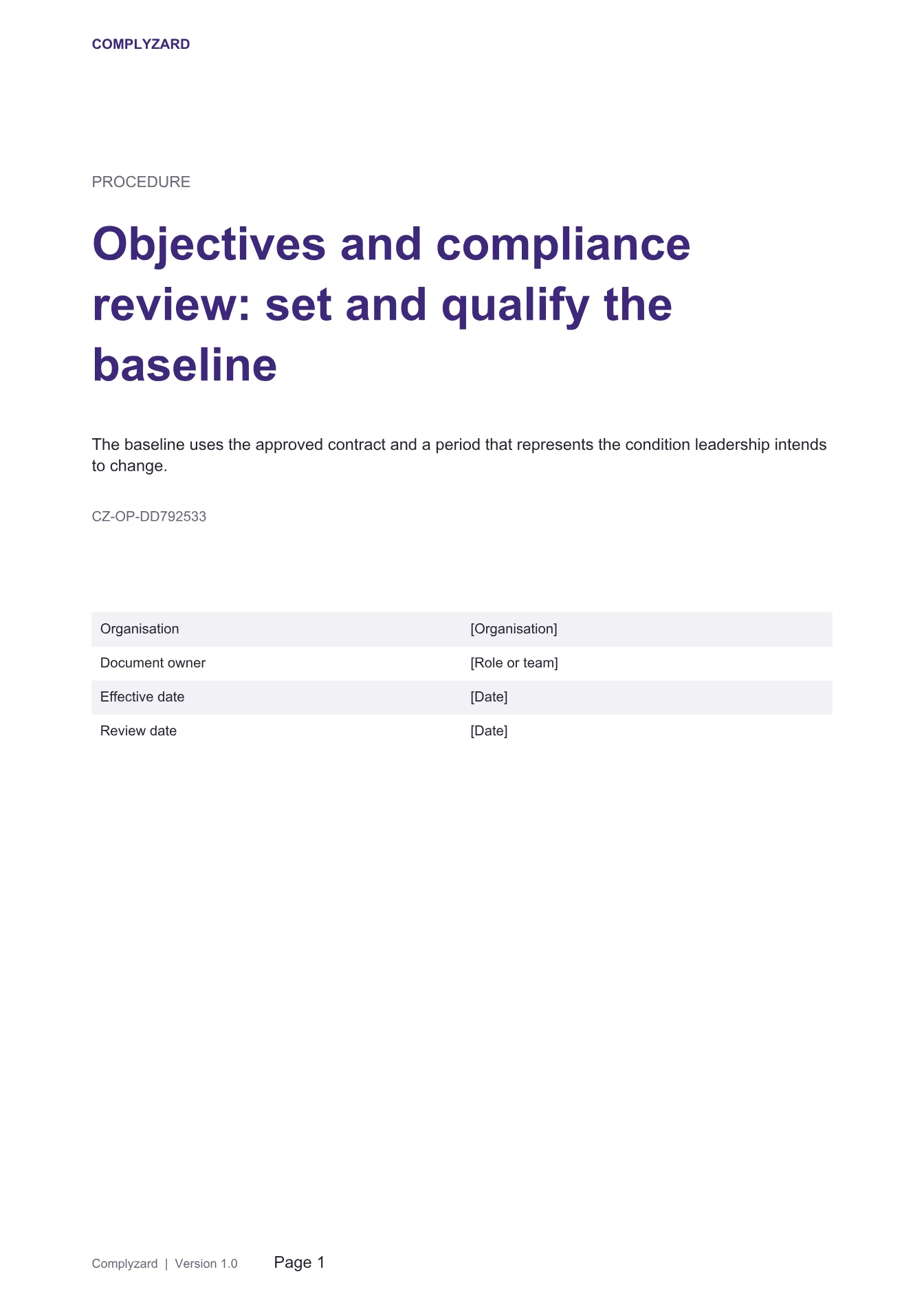 Cover of Objectives and compliance review: set and qualify the baseline