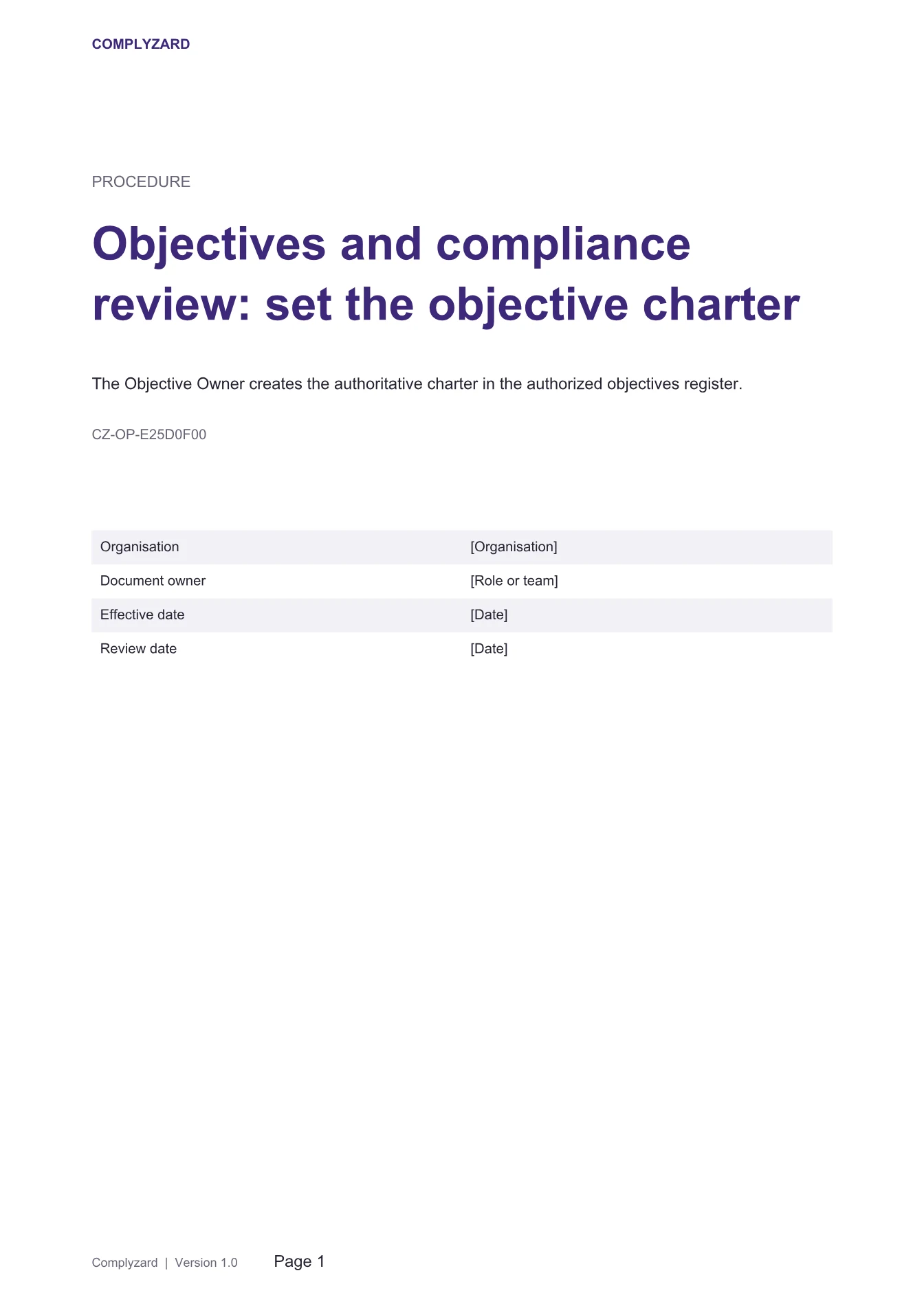 Cover of Objectives and compliance review: set the objective charter