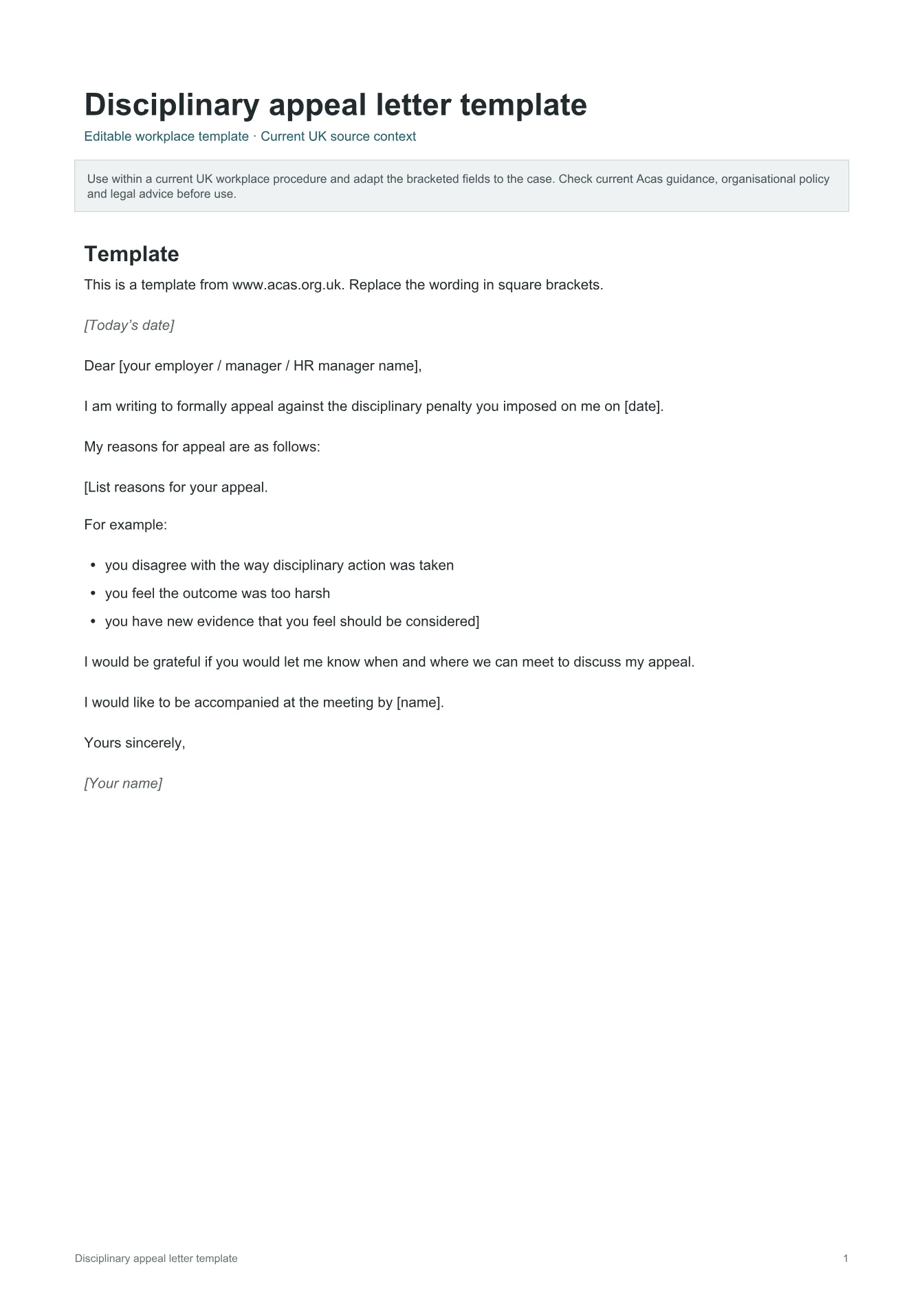 Cover of Disciplinary appeal letter template