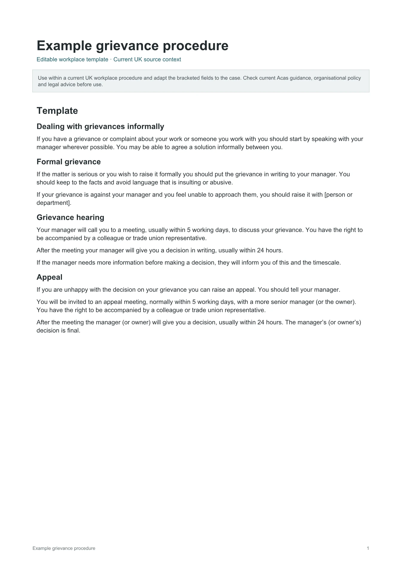 Cover of Example grievance procedure