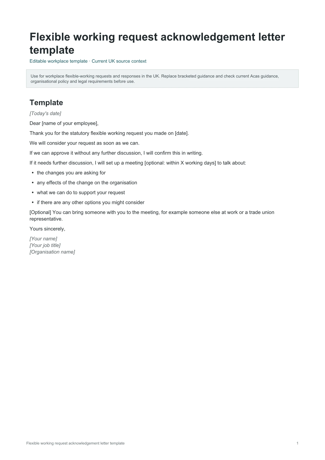 Cover of Flexible working request acknowledgement letter template