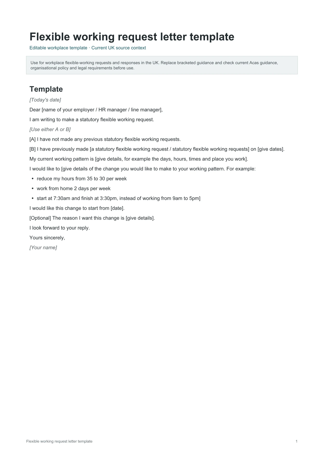 Cover of Flexible working request letter template