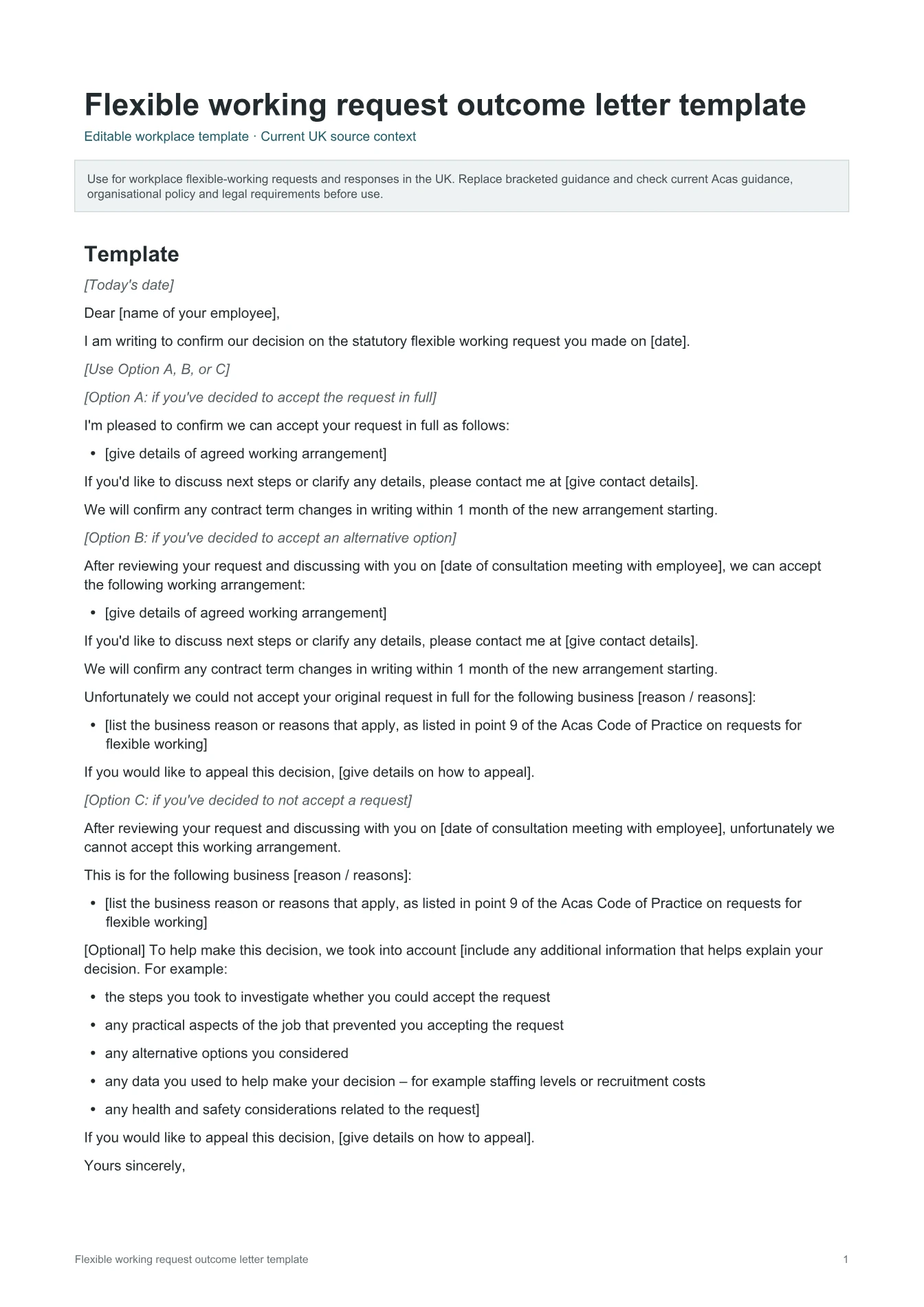 Cover of Flexible working request outcome letter template