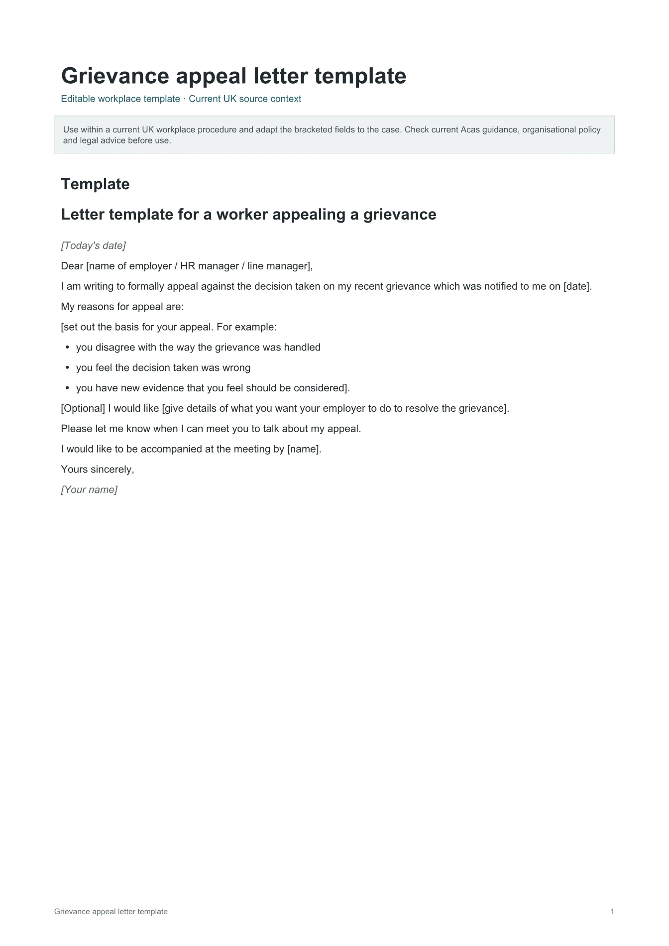Cover of Grievance appeal letter template