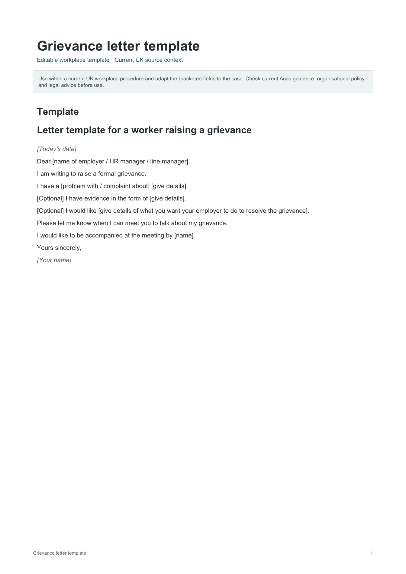 Cover of Grievance letter template