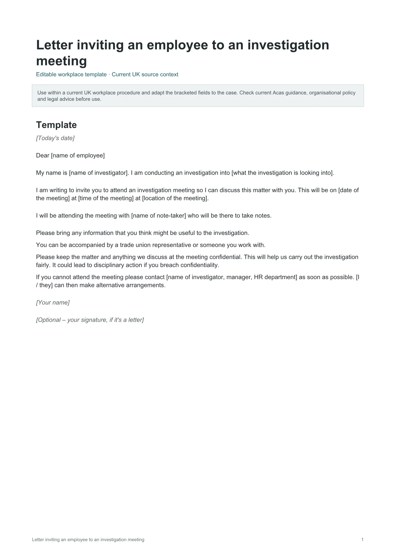 Cover of Letter inviting an employee to an investigation meeting