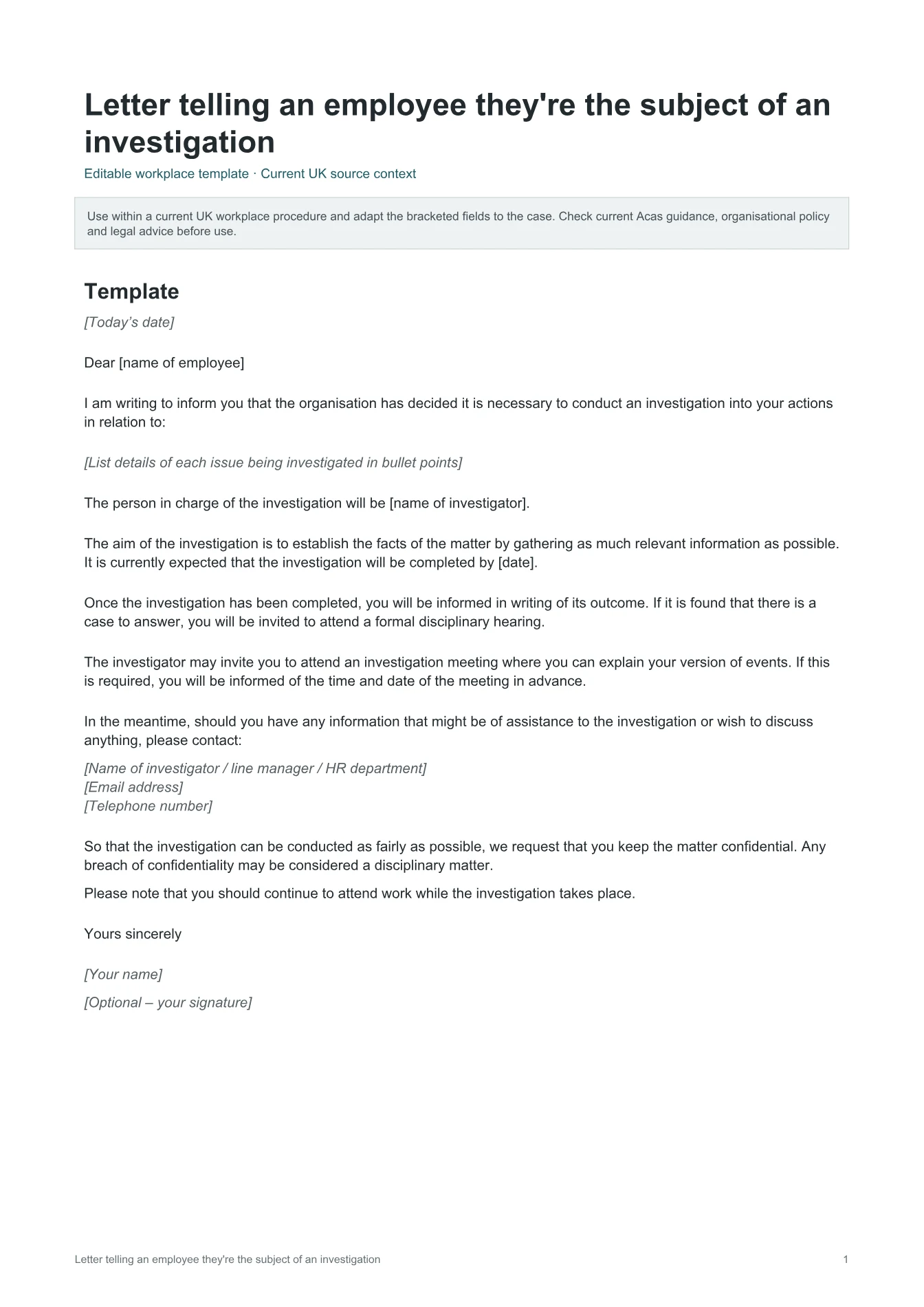 Cover of Letter telling an employee they're the subject of an investigation