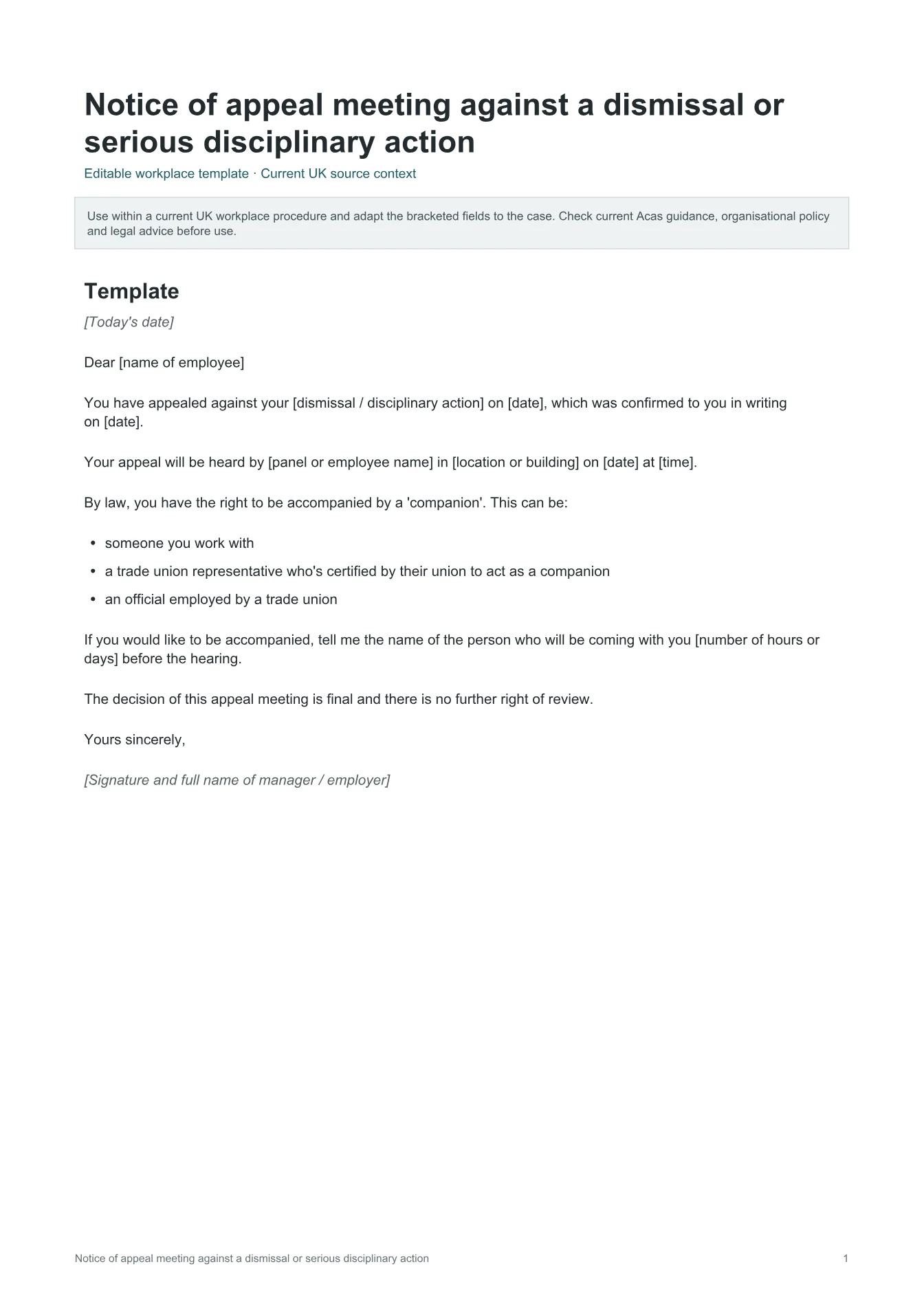 Cover of Notice of appeal meeting against a dismissal or serious disciplinary action