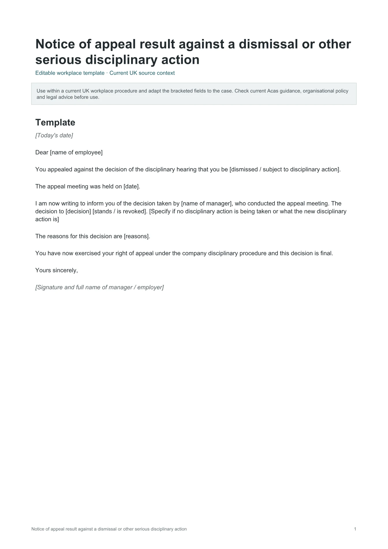 Cover of Notice of appeal result against a dismissal or other serious disciplinary action