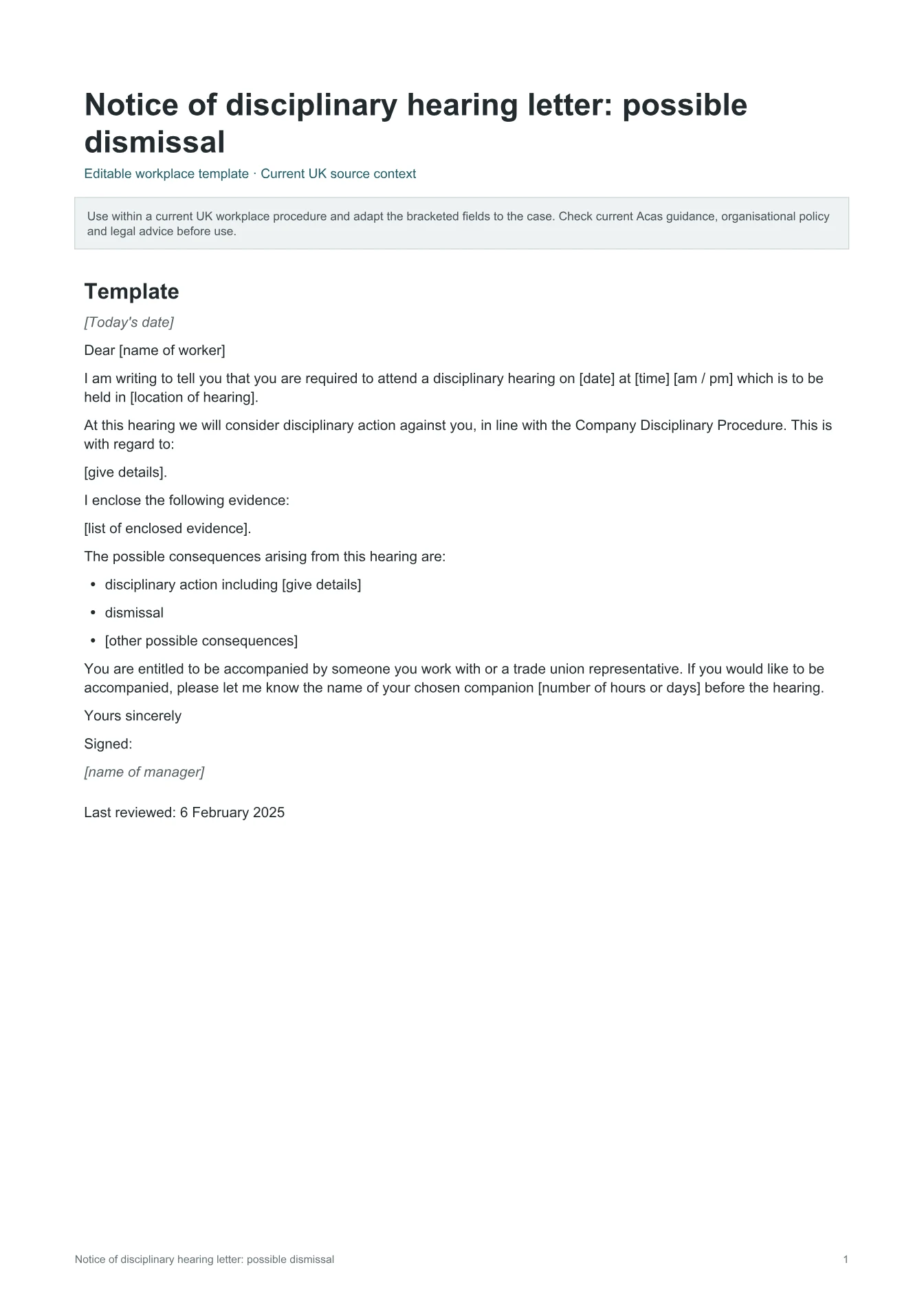 Cover of Notice of disciplinary hearing letter: possible dismissal