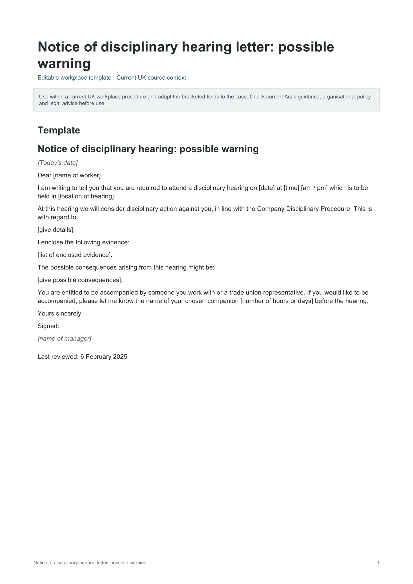 Cover of Notice of disciplinary hearing letter: possible warning