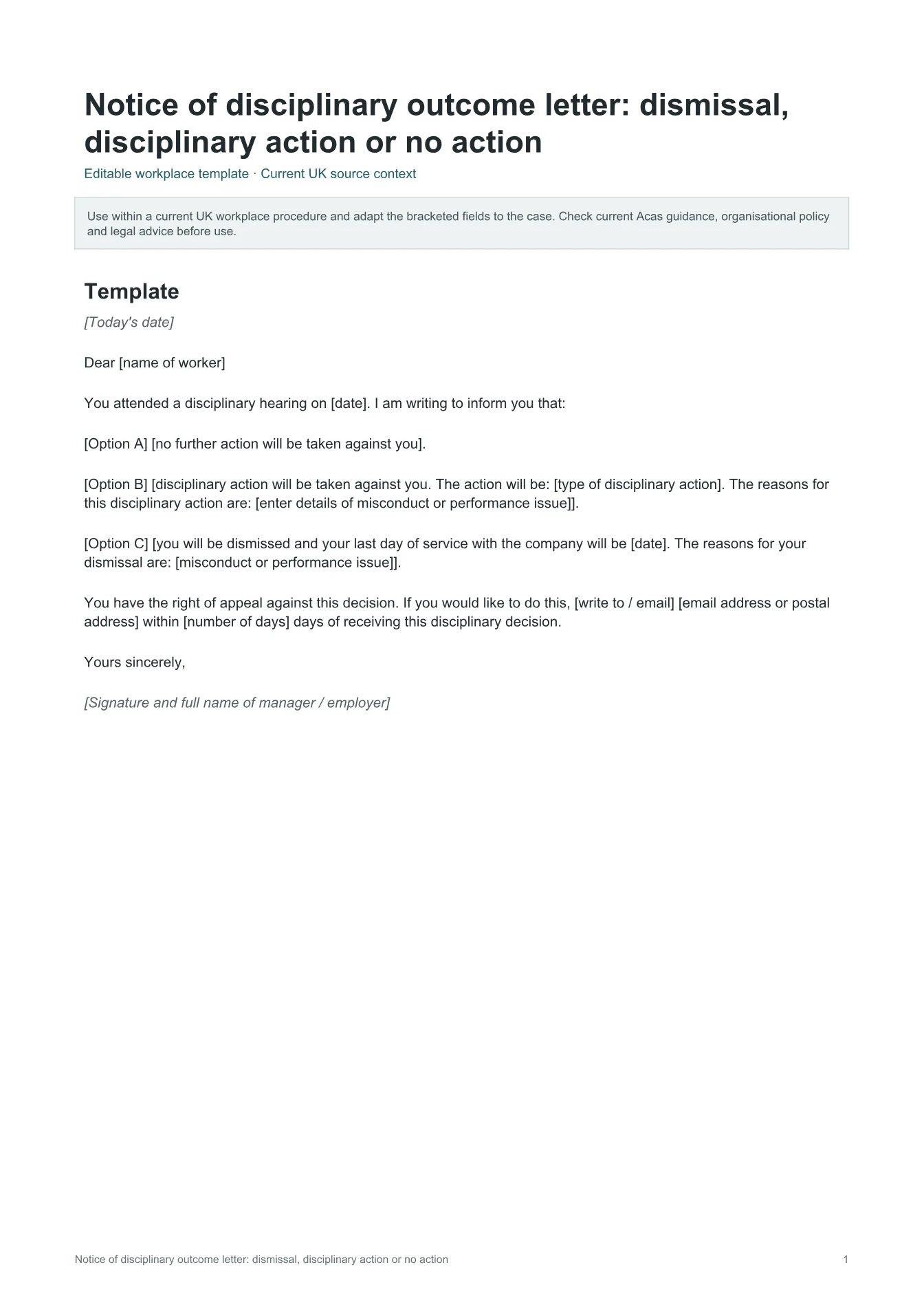 Cover of Notice of disciplinary outcome letter: dismissal, disciplinary action or no action