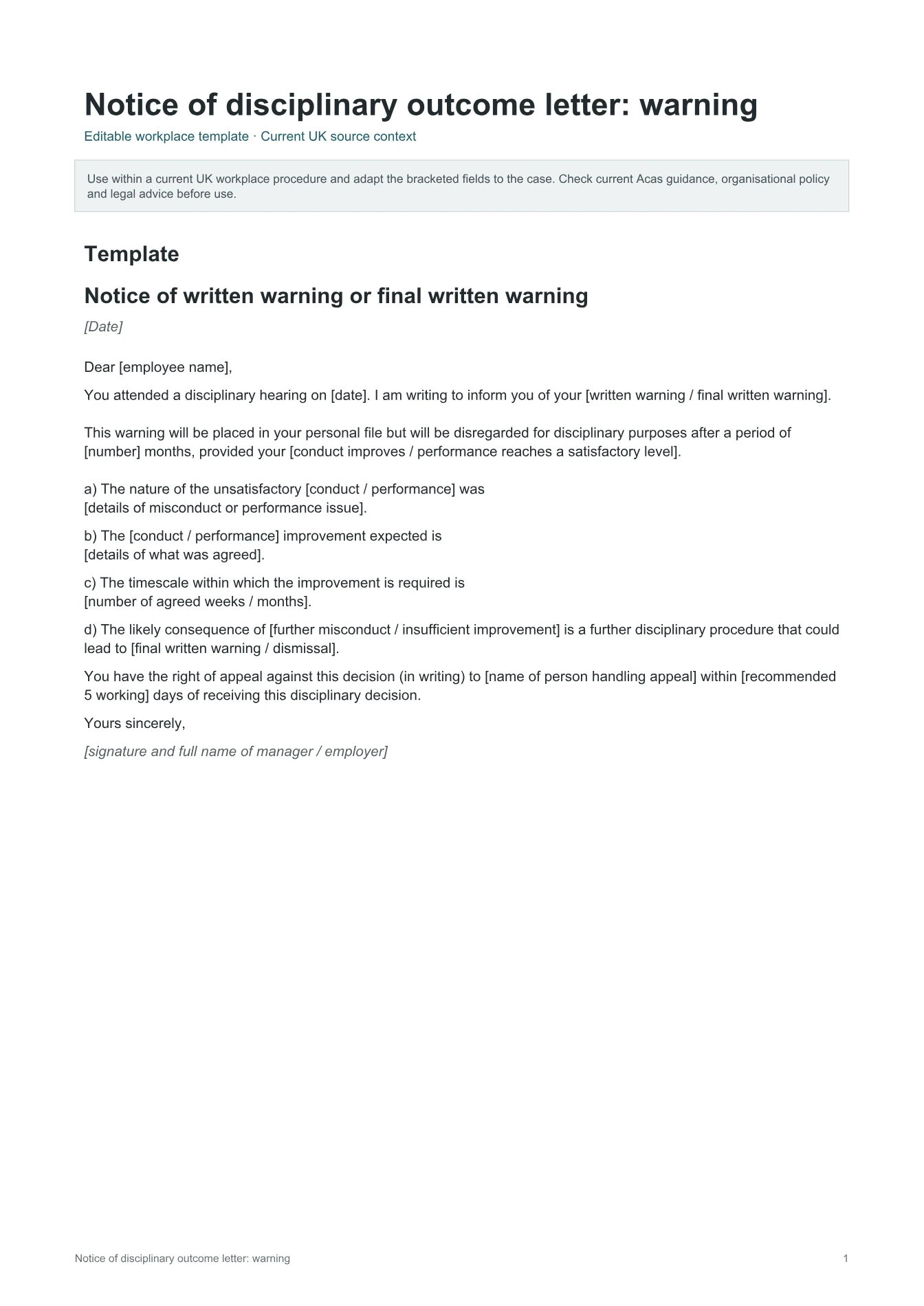 Cover of Notice of disciplinary outcome letter: warning