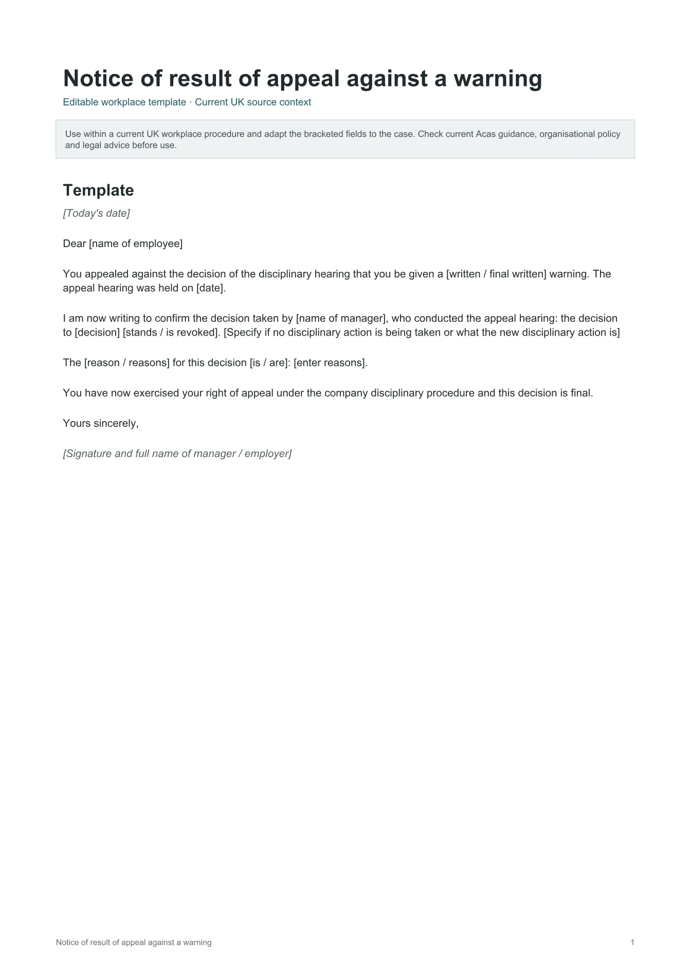 Cover of Notice of result of appeal against a warning