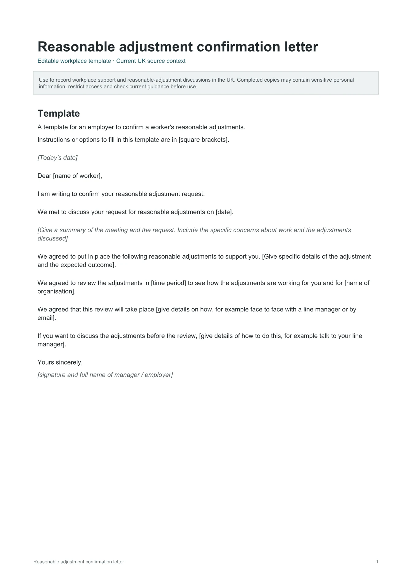 Cover of Reasonable adjustment confirmation letter