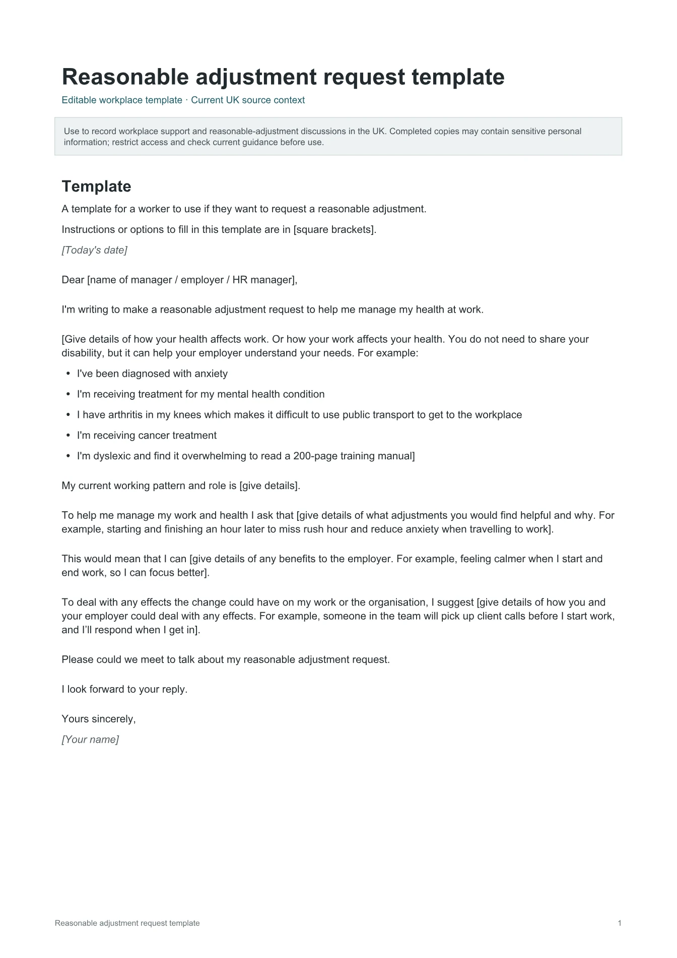Cover of Reasonable adjustment request template