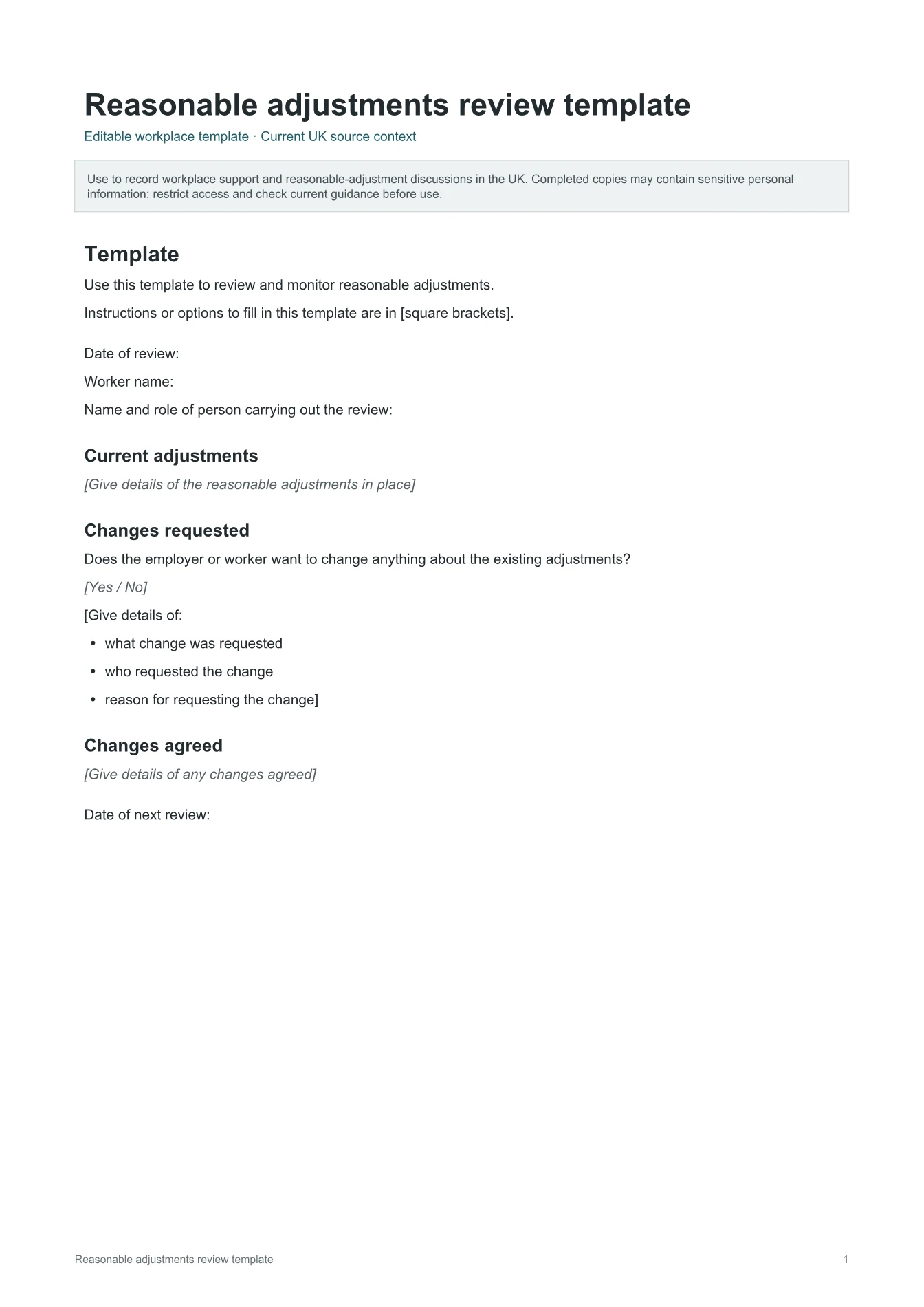 Cover of Reasonable adjustments review template