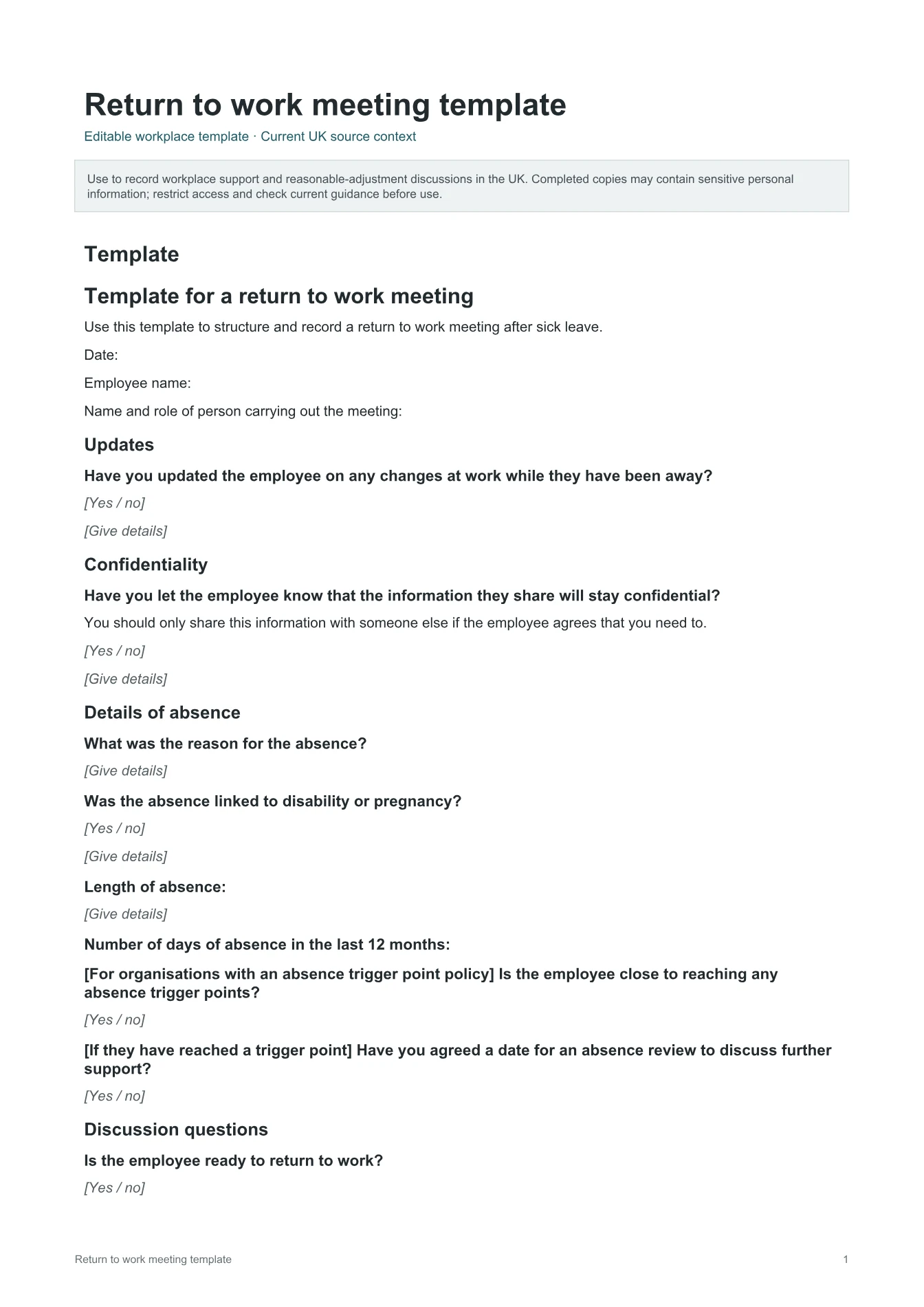 Cover of Return to work meeting template