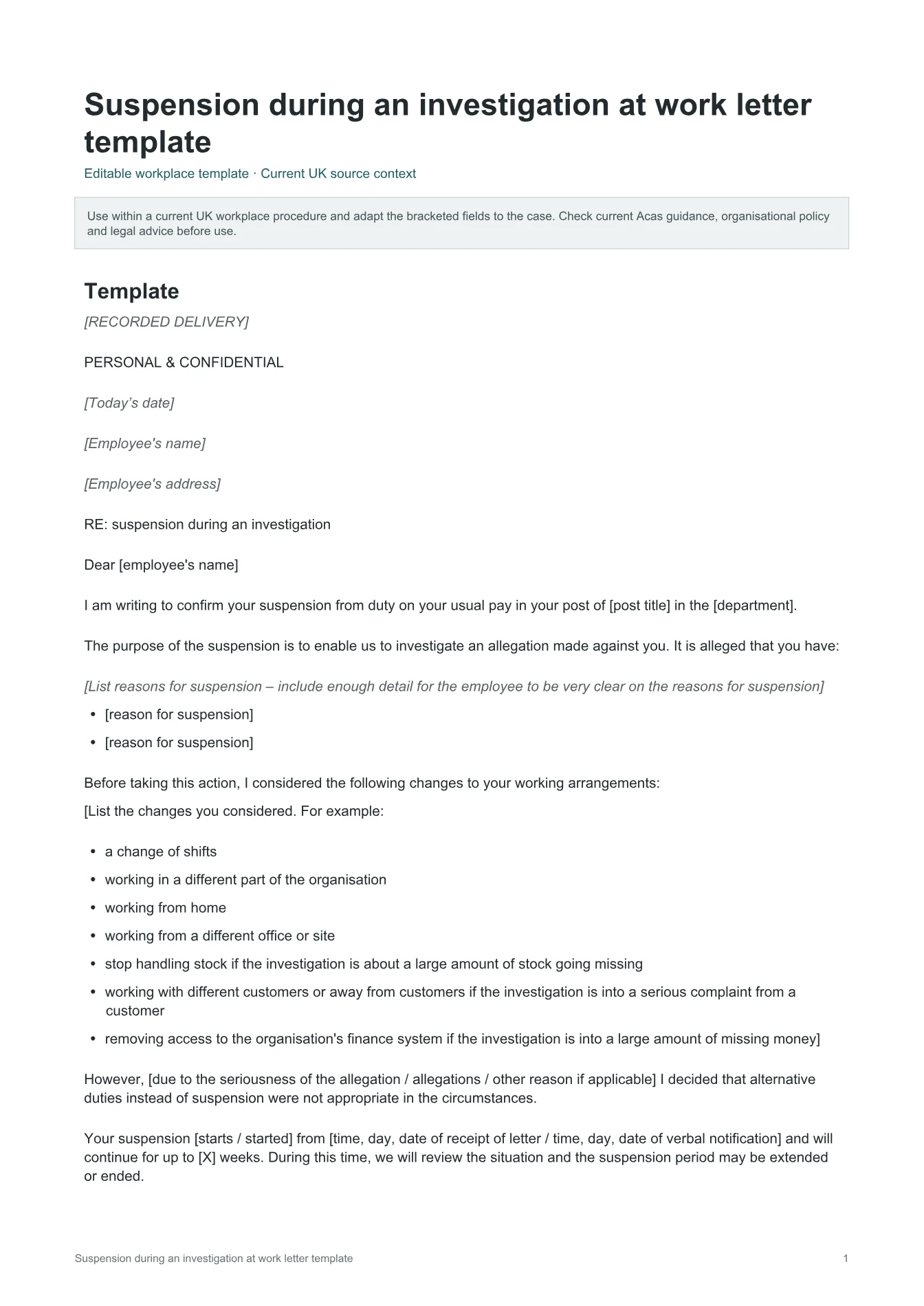 Cover of Suspension during an investigation at work letter template
