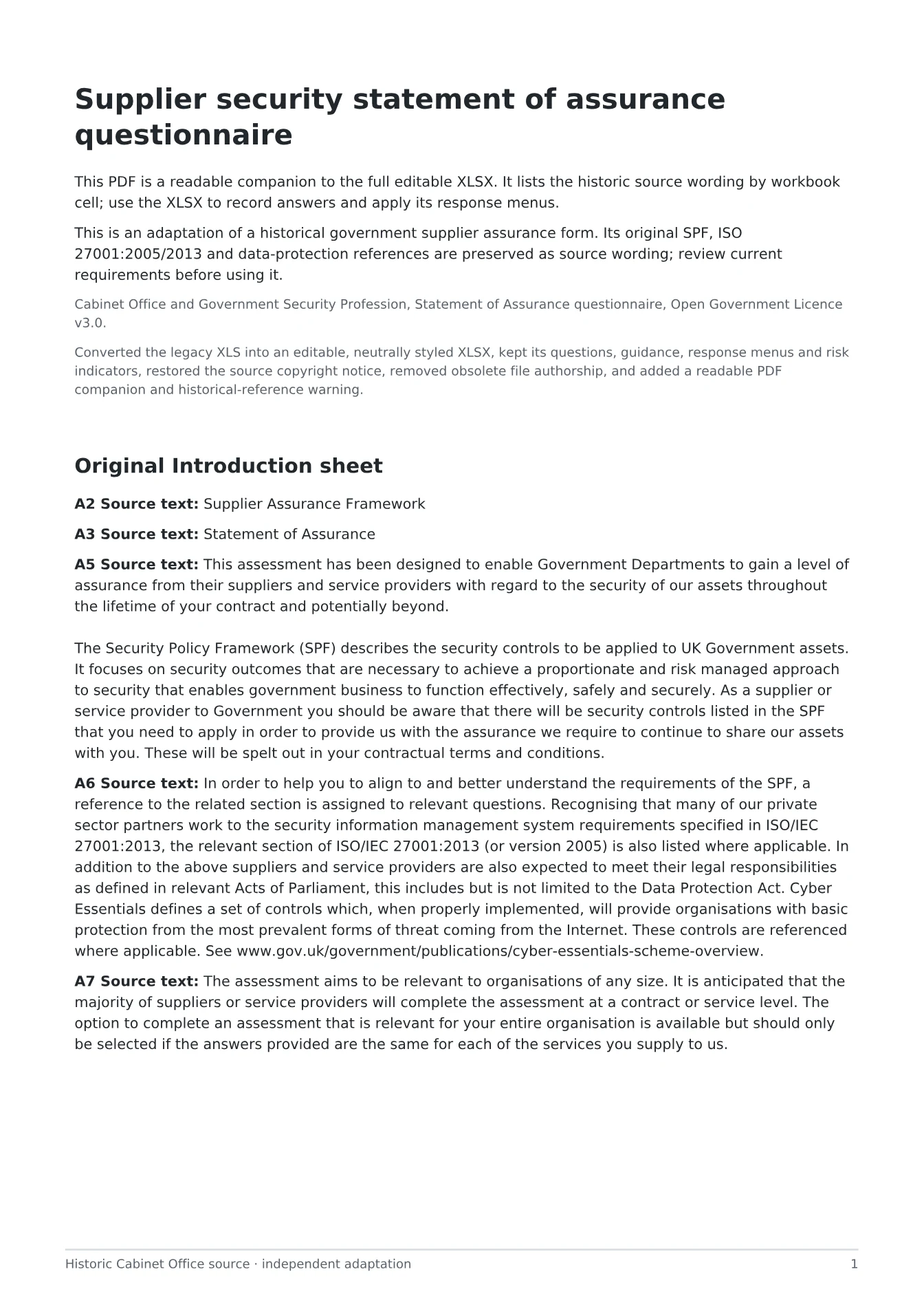 Cover of Supplier security statement of assurance questionnaire